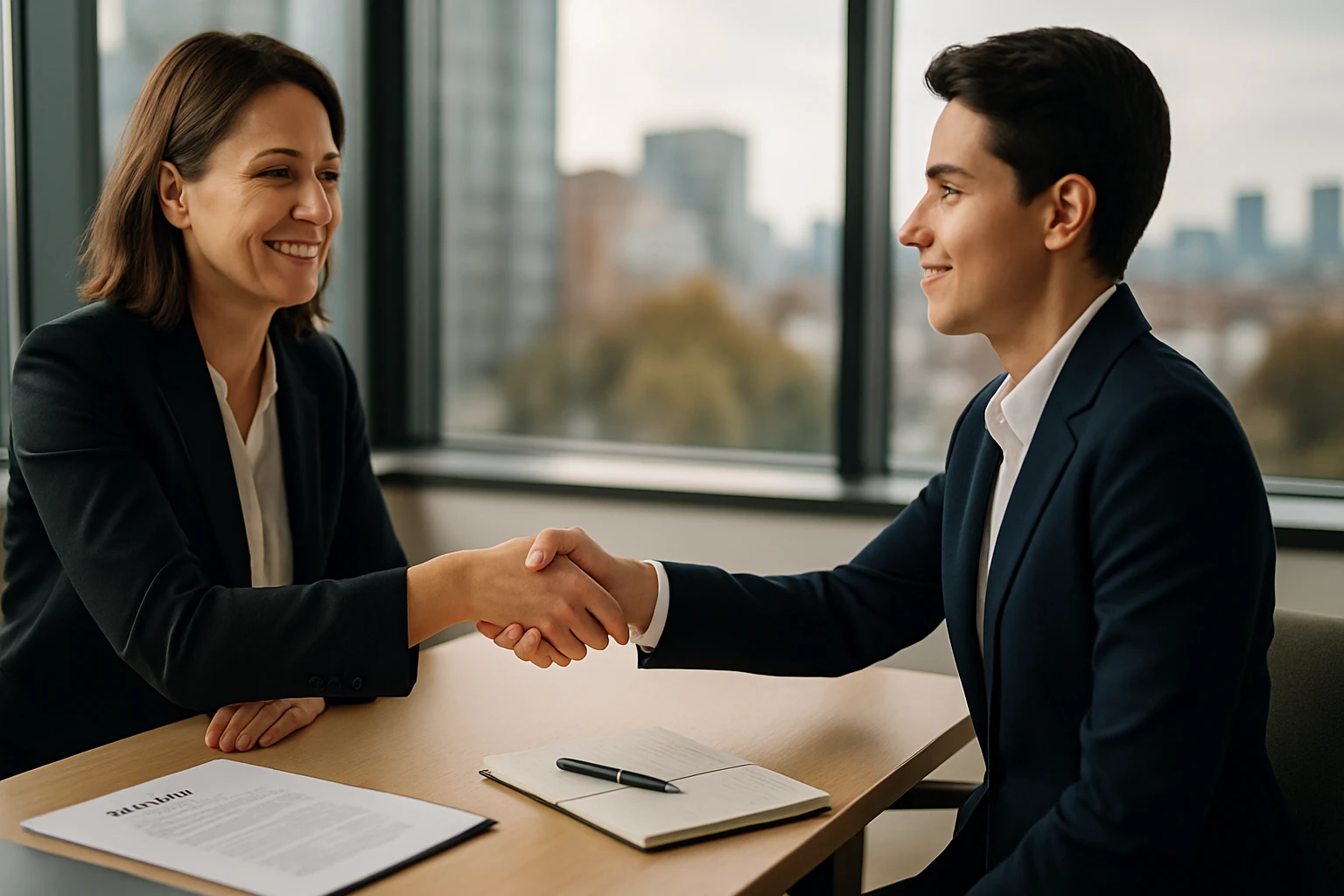 Két üzletember kezet fog egy modern irodában, mosolyogva.
