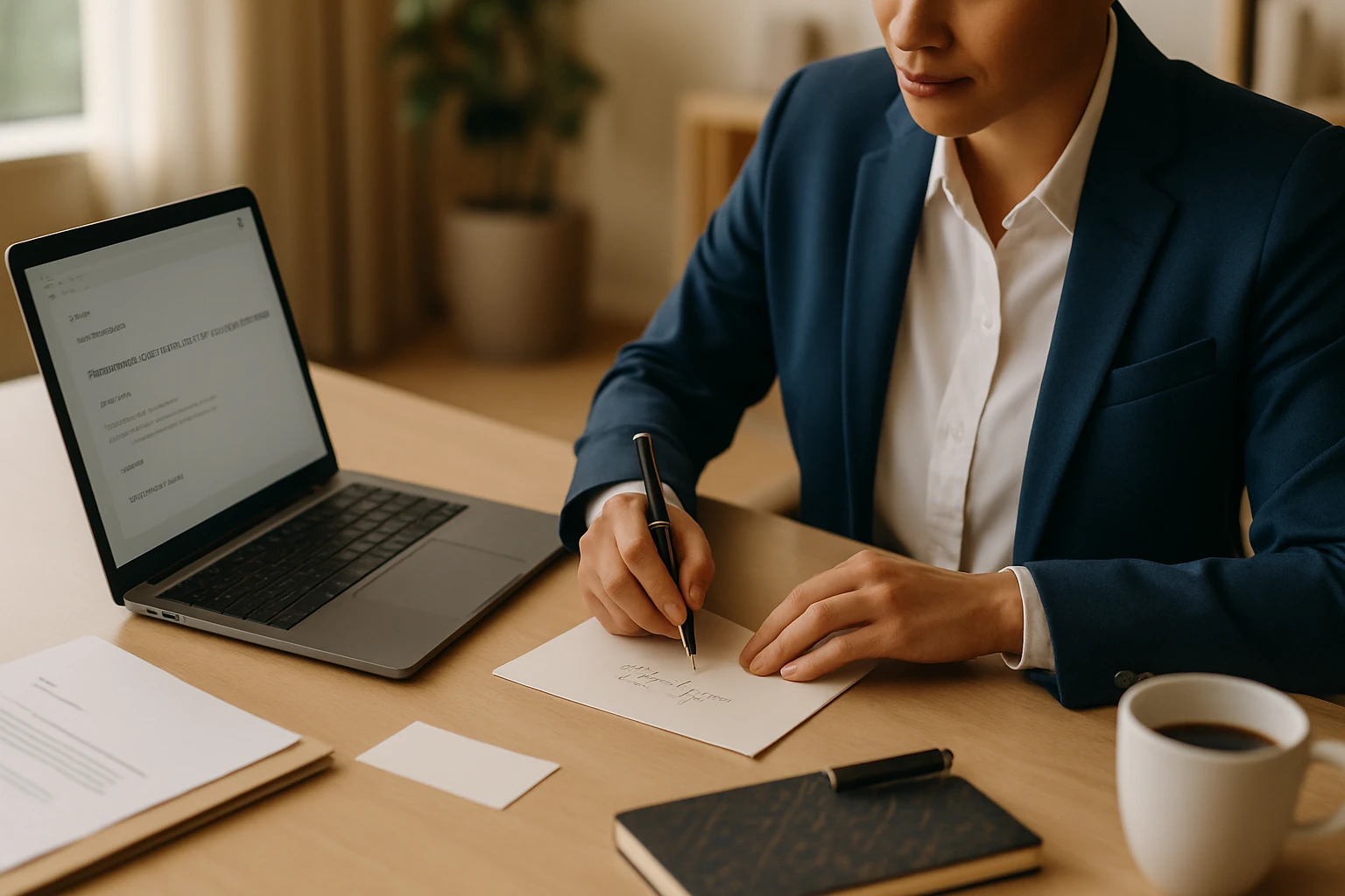 Egy üzletember kézzel ír egy üdvözlőlapot egy asztalnál, laptop mellett.