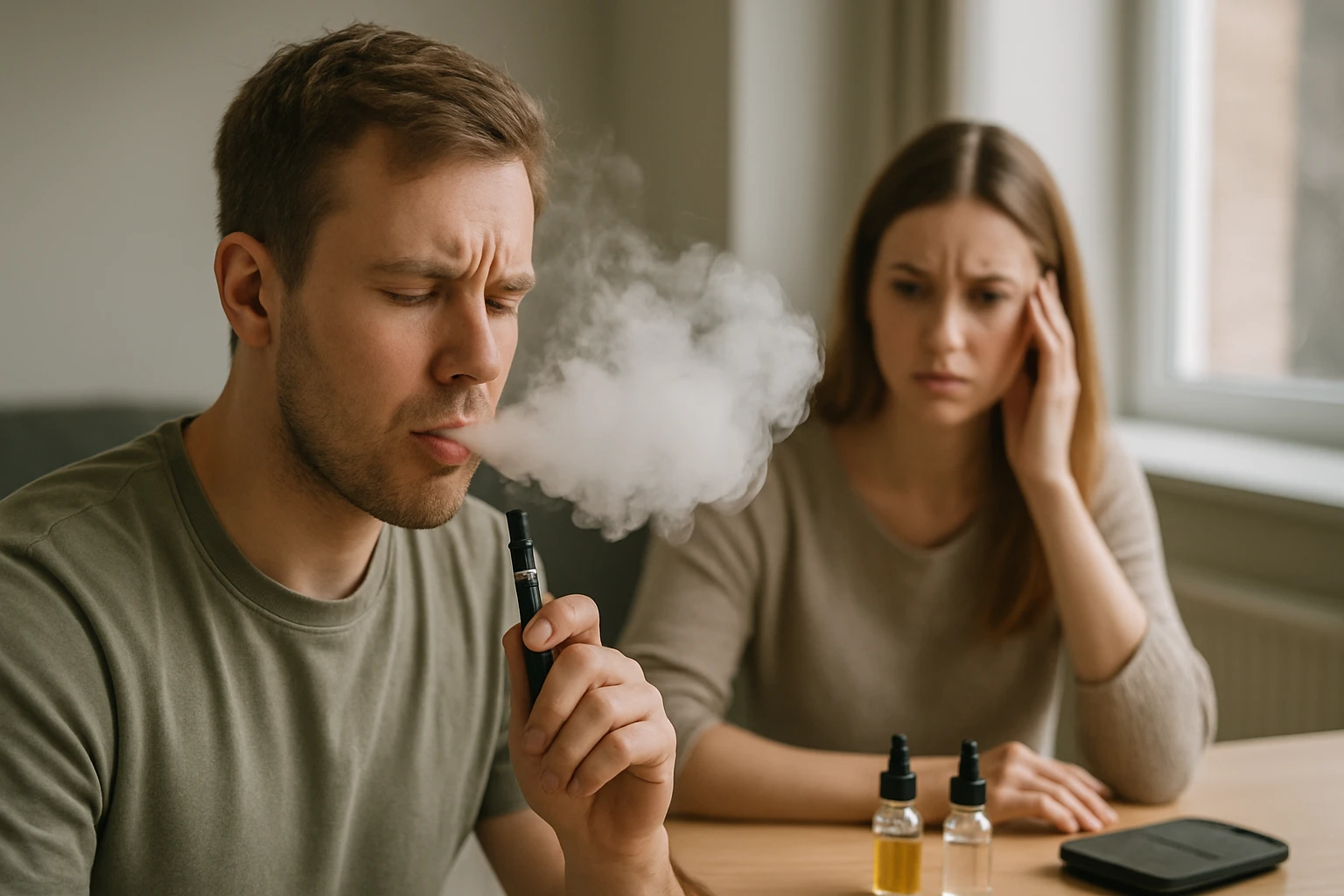 Egy férfi vape-ol, míg egy nő aggodalommal figyeli őt, háttérben vape folyadékokkal.
