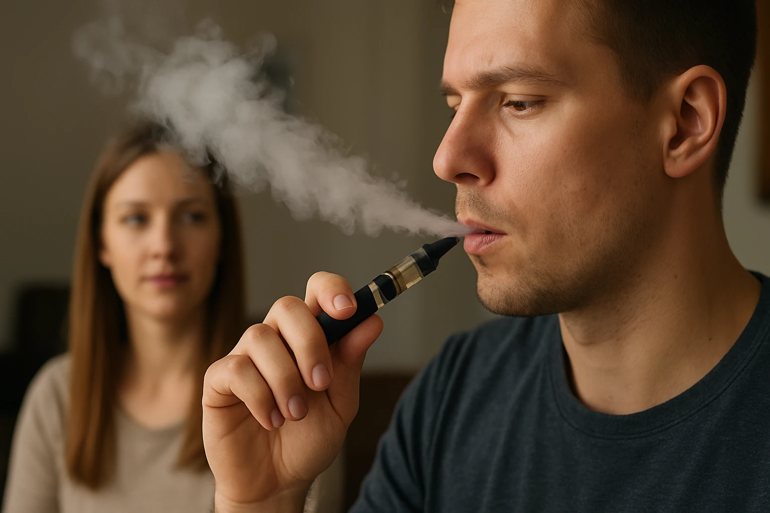 Egy férfi vape-t használ, miközben egy nő figyeli őt háttérben.