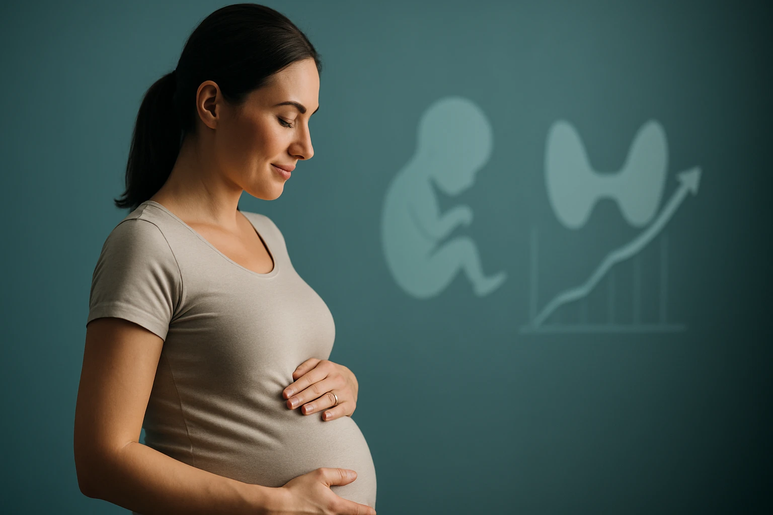 Egy várandós nő mosolyogva simogatja a hasát, háttérben terhességi és egészségügyi grafikonokkal.