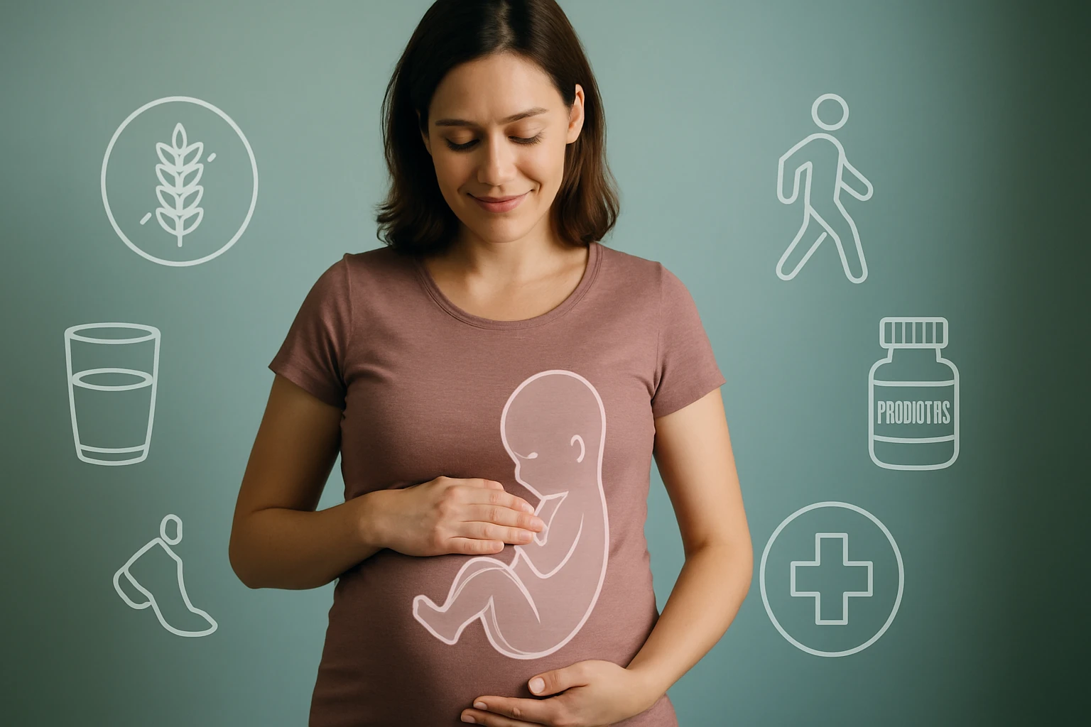 Egy várandós nő mosolyogva simogatja a hasát, körülötte egészséges életmódról szóló ikonok láthatók.