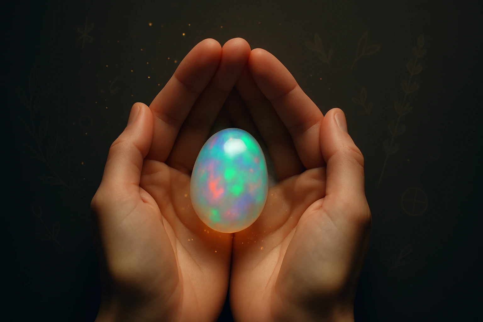 Két kéz között egy színes, fénylő tojás látható, amely varázslatos hatást kelt.