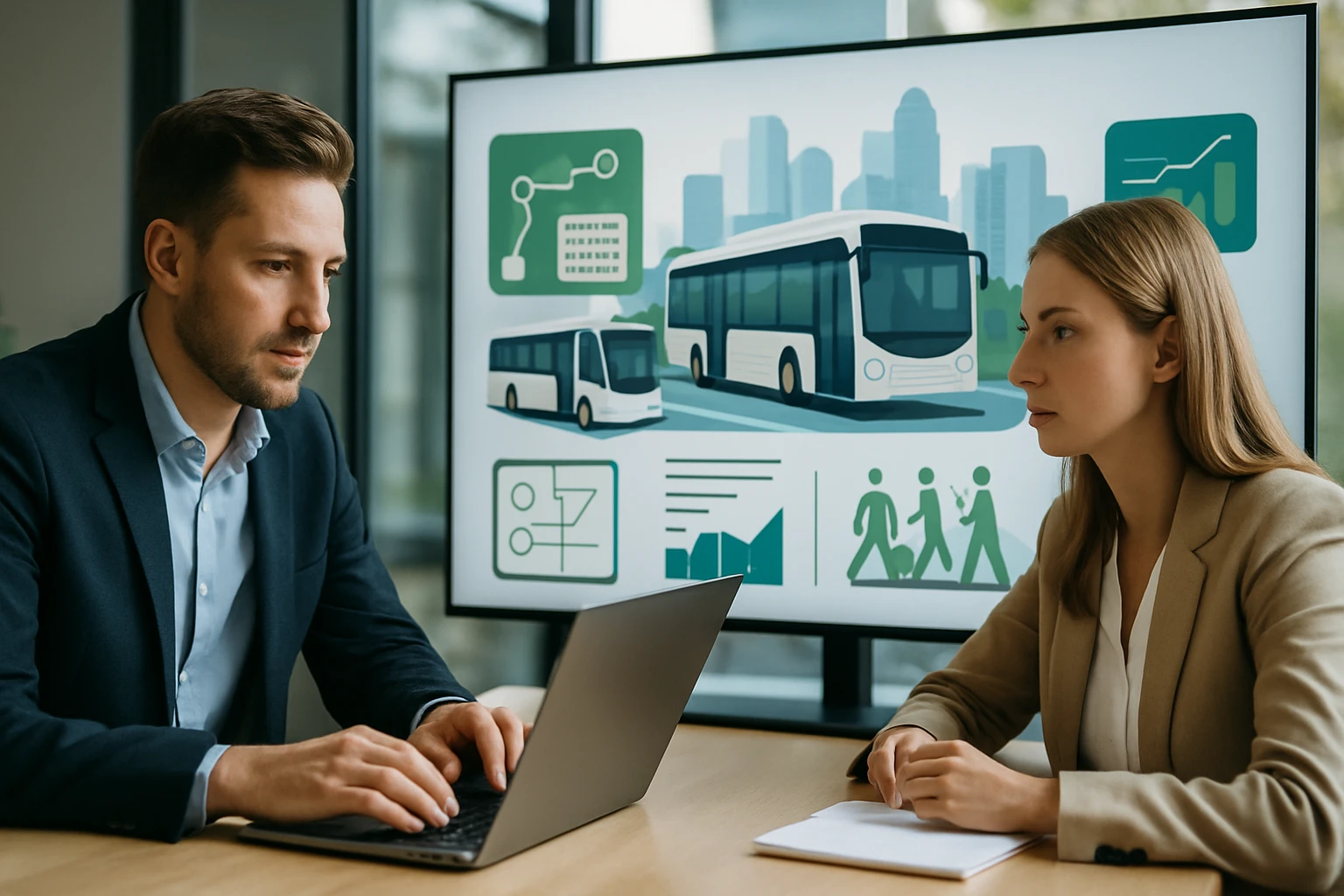 Két üzletember ül egy asztalnál, laptop előtt, háttérben városi közlekedési grafika.