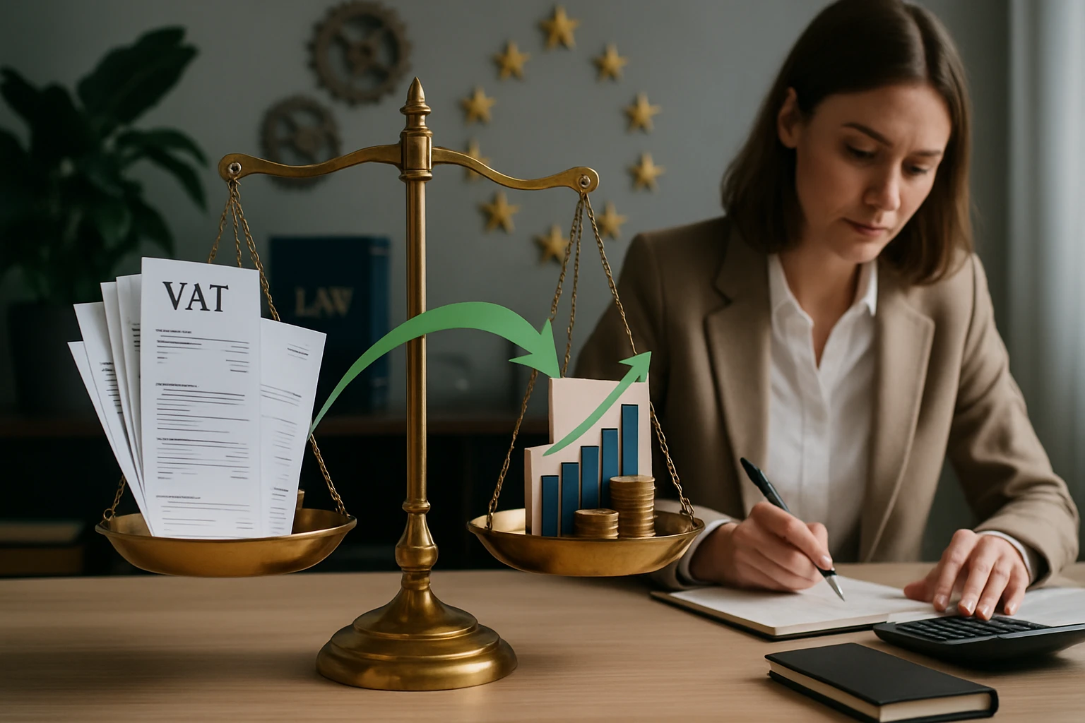 Egy nő egy arany mérlegen álló VAT dokumentumokat és növekvő grafikonokat vizsgál.