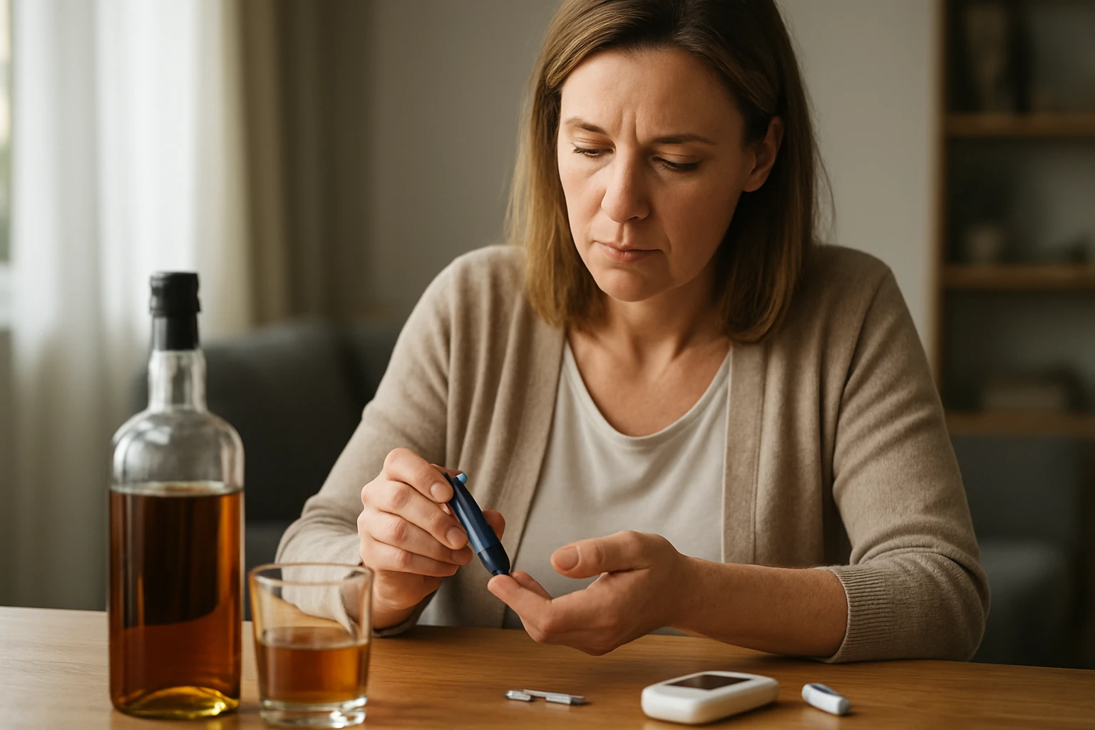 Egy nő vércukorszintet mér, miközben alkoholos italok láthatók az asztalon.