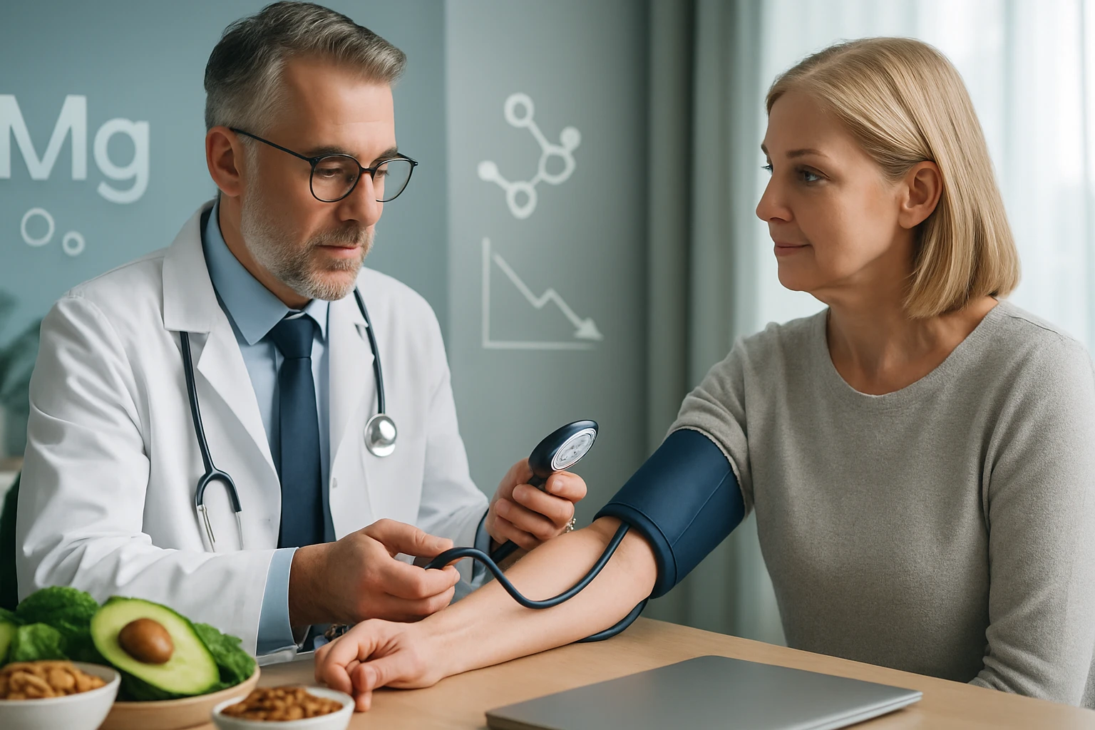 Egy orvos vérnyomást mér egy nő karján, egészséges ételek mellett.