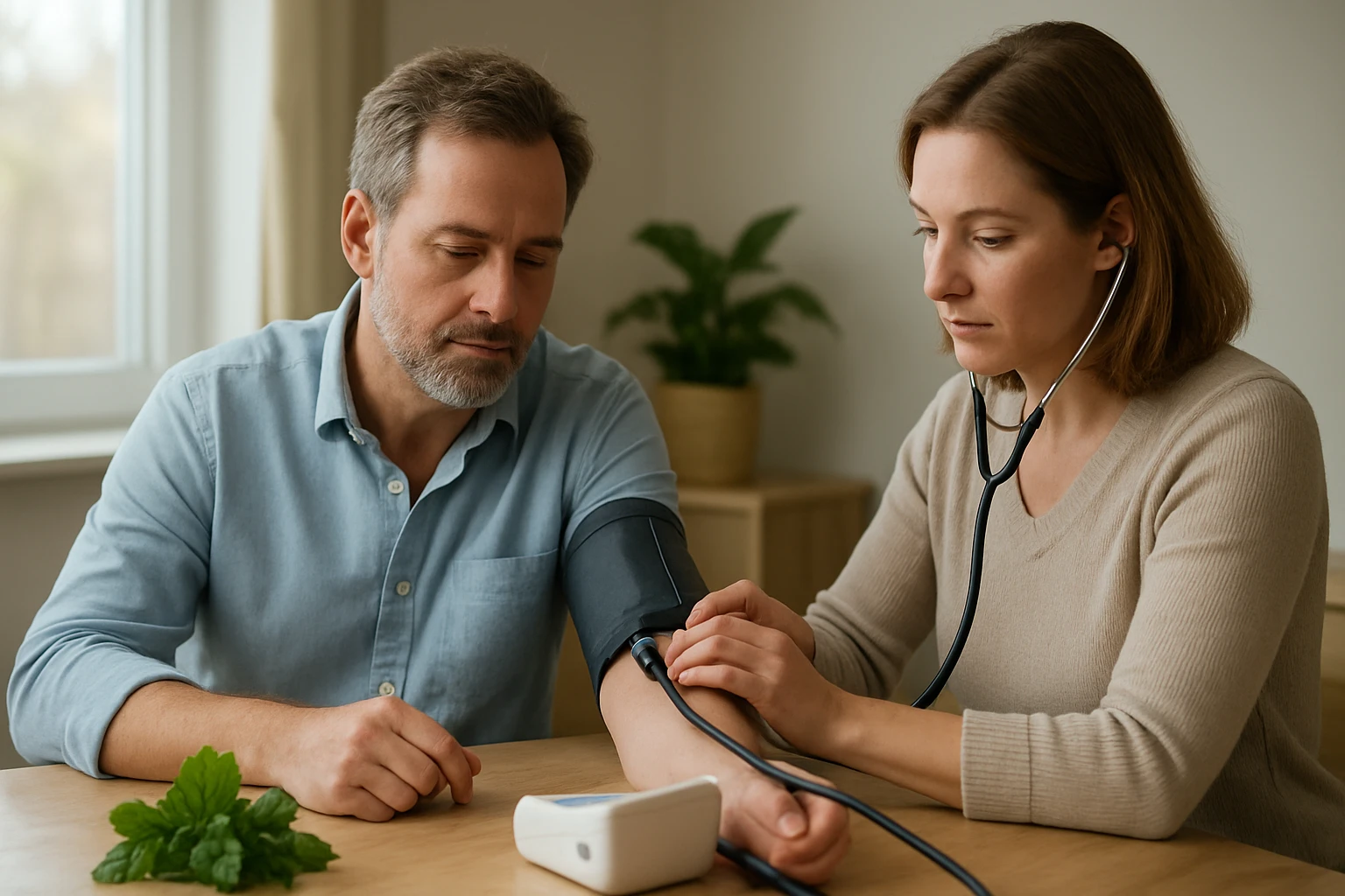 Egy nő orvosi műszerrel méri egy férfi vérnyomását otthoni környezetben.