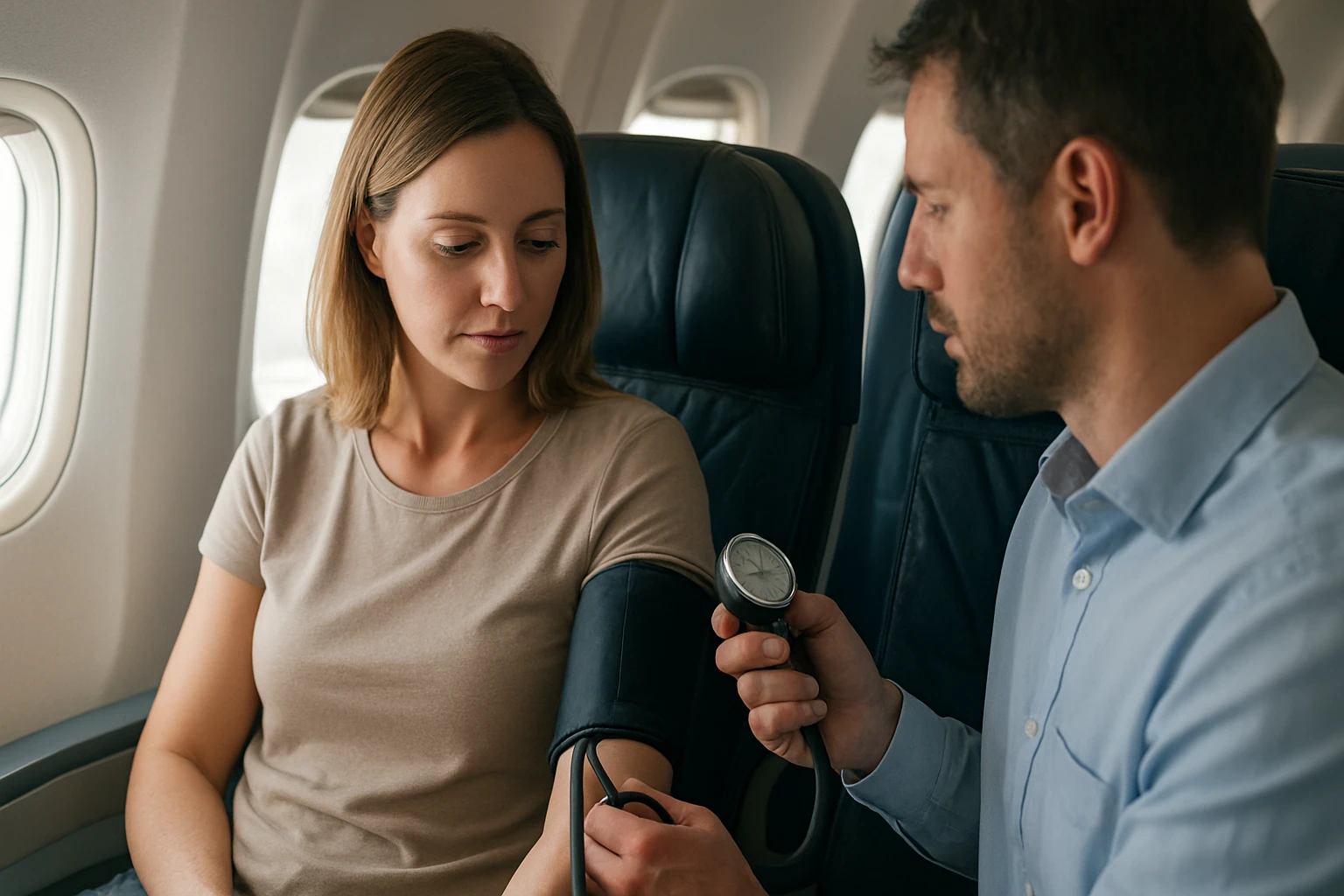 Egy nő ül egy repülőgépen, miközben egy férfi vérnyomást mér rajta.