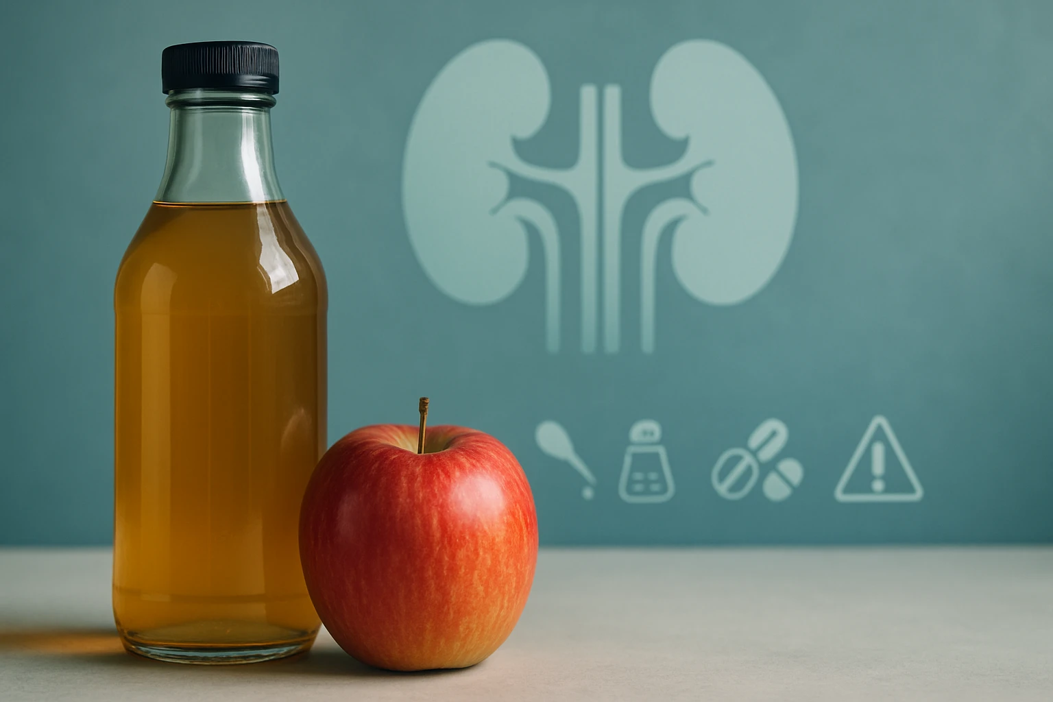 Egy üveg sárgás folyadék és egy piros alma áll egy asztalon, háttérben vesebetegségekre utaló ikonokkal.