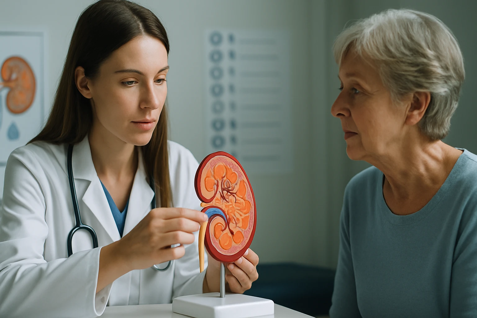 Egy orvos bemutat egy vesemodellt egy idős nőnek, aki figyelmesen hallgat.