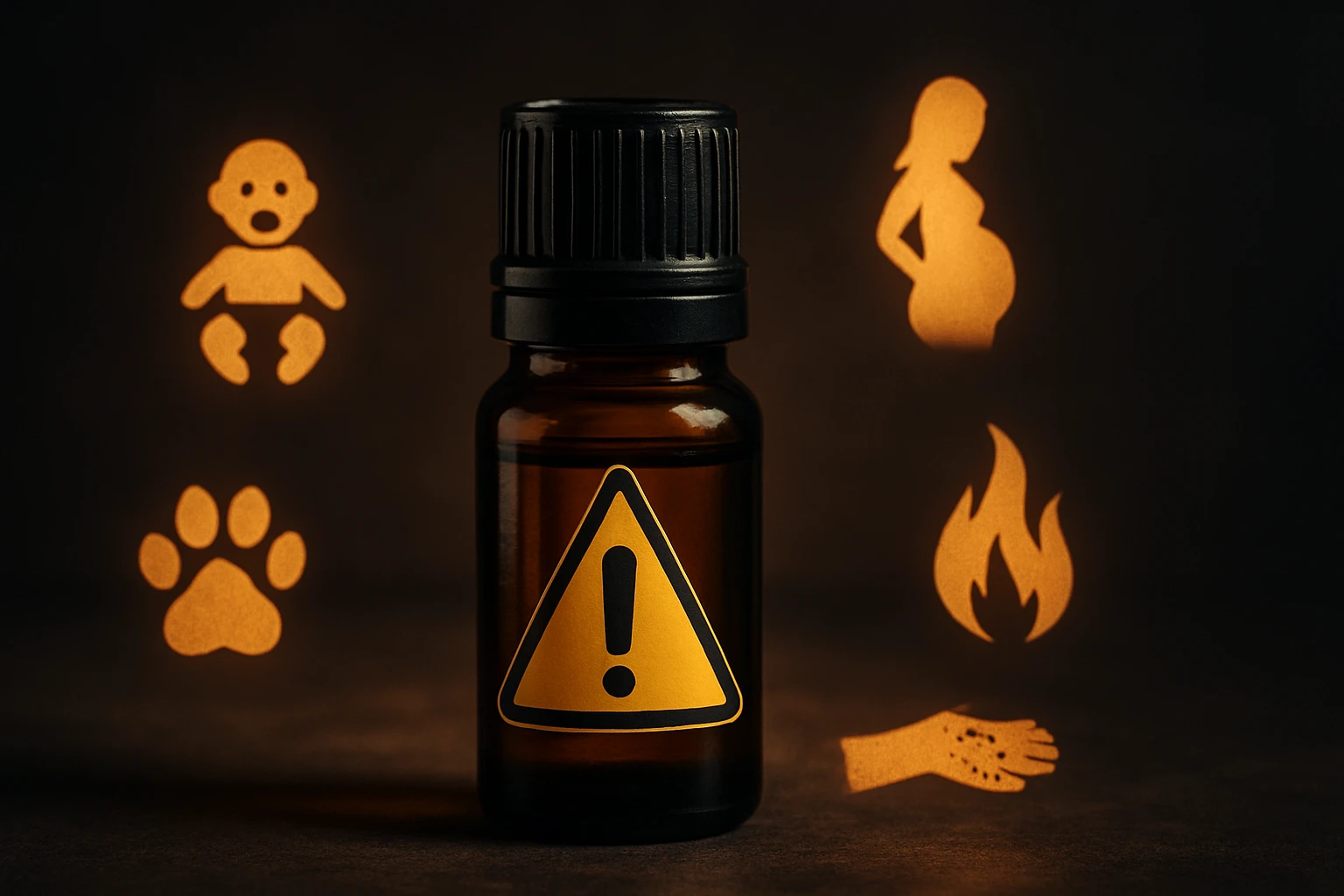 Egy barna üvegpalack, figyelmeztető jelzéssel, körülötte veszélyes szimbólumok.