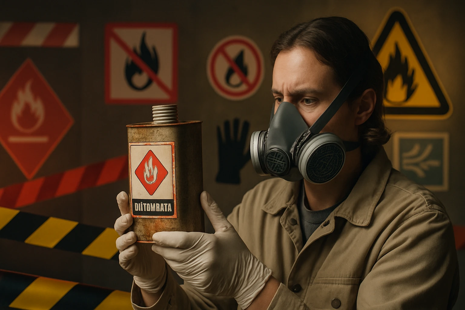 Egy férfi gázmaszkban és kesztyűben egy veszélyes anyagot tartó kannát vizsgál.