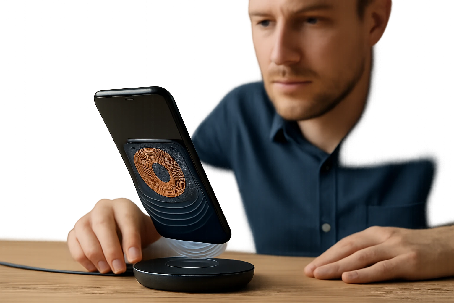 Egy férfi okostelefont helyez egy vezeték nélküli töltőre, figyelmesen nézve.