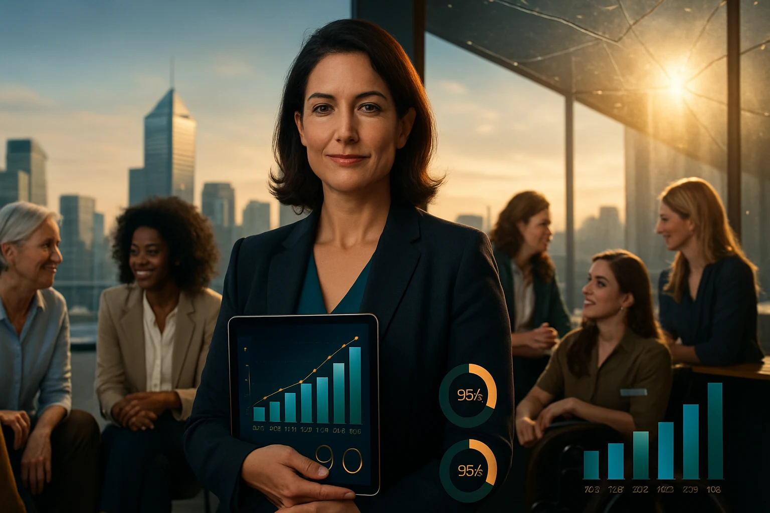 Egy női vezető tabletet tart a kezében, háttérben városi táj és csapatmunka.