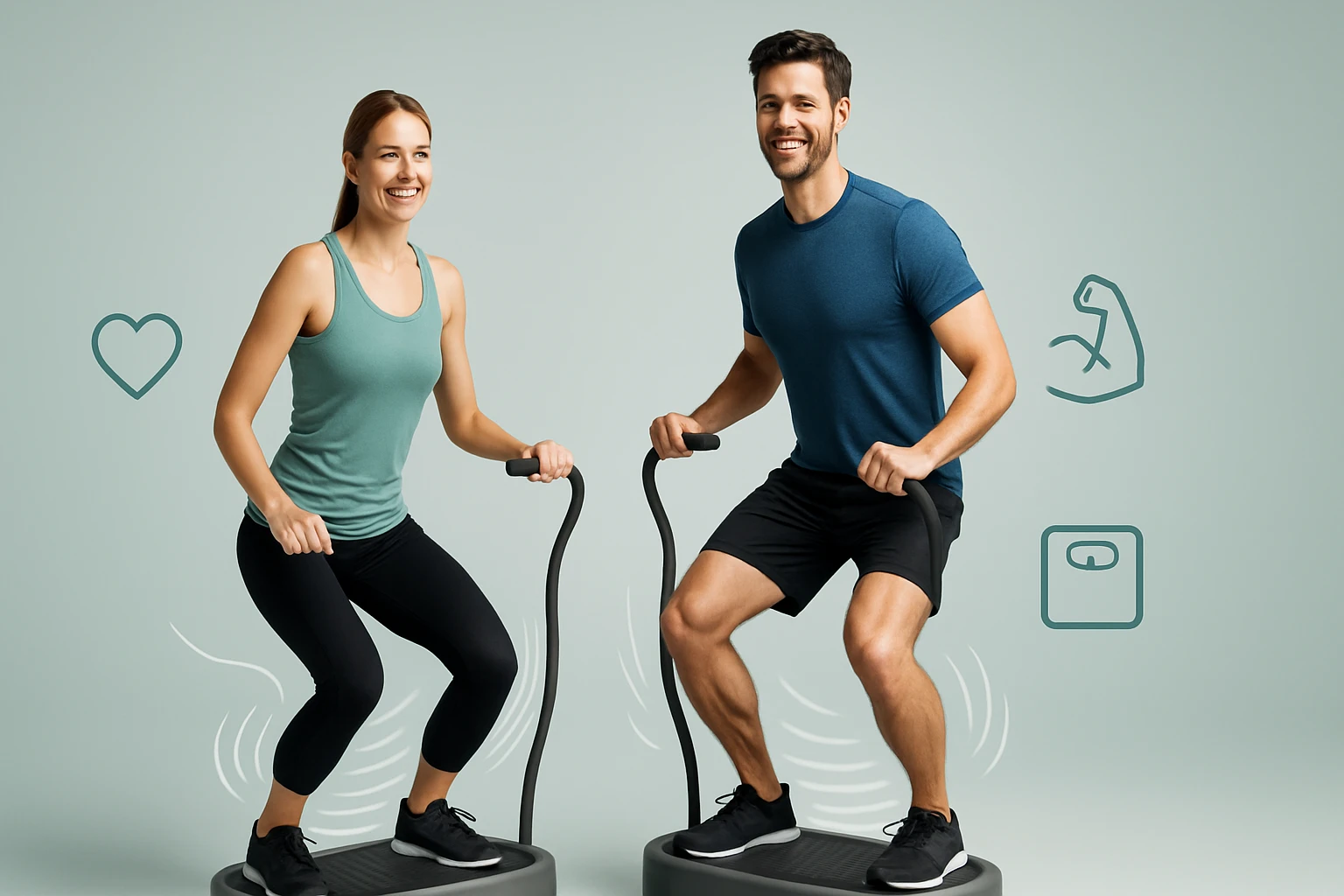 Két fiatal felnőtt, egy nő és egy férfi, edzés közben állnak egy vibrációs platformon, mosolyognak.