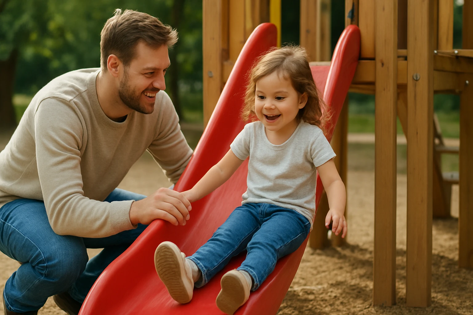 Egy apa segíti a kislányát a csúszdán, miközben mindketten nevetnek.