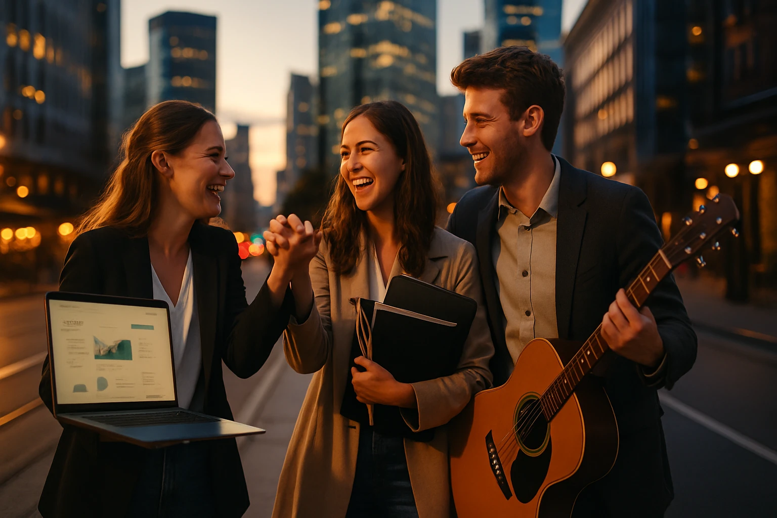 Három fiatal, vidám ember sétál a városban, laptopot és gitárt tartanak.