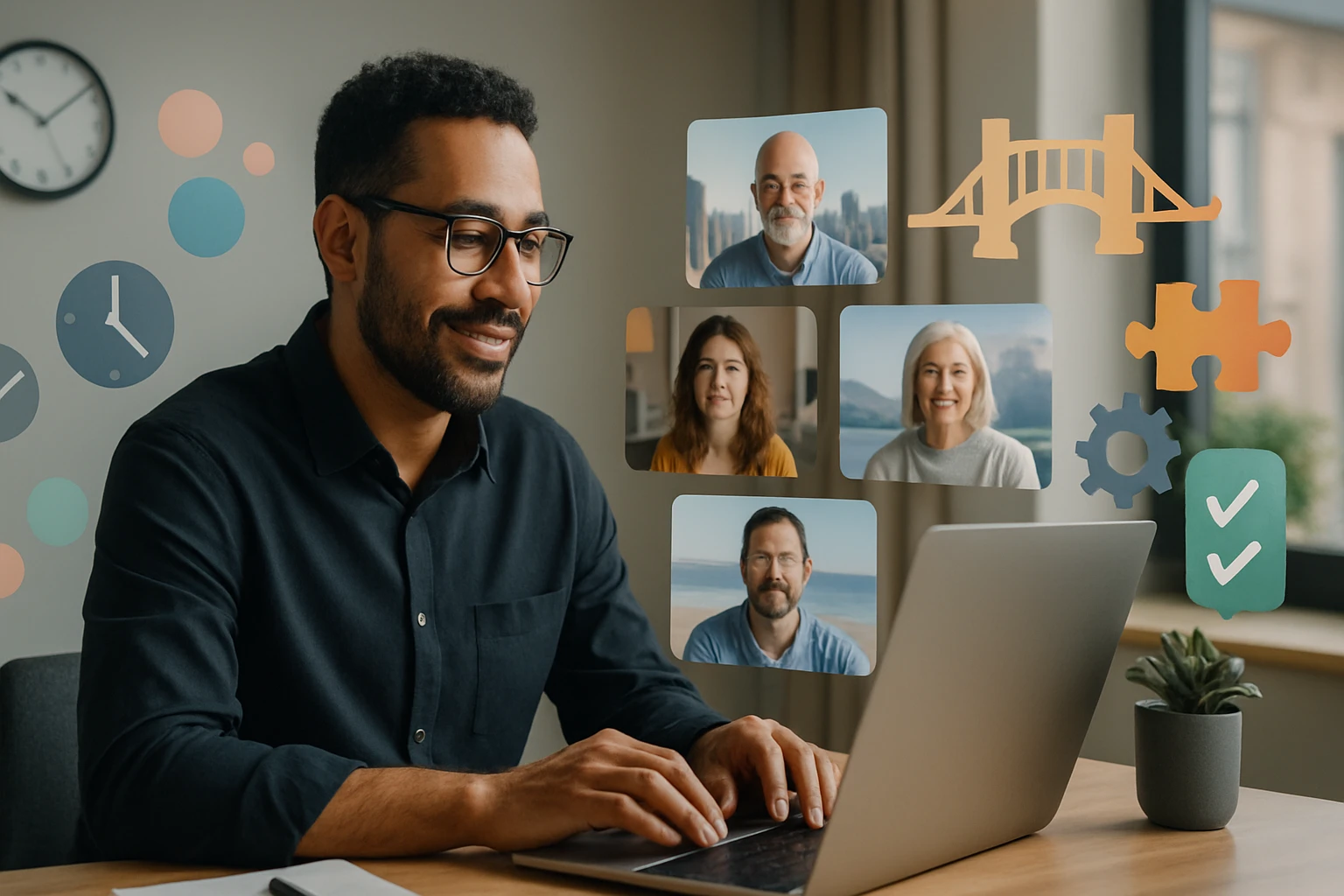 Egy férfi laptop előtt ül, videóhívás során több ember arca látható a képernyőn.