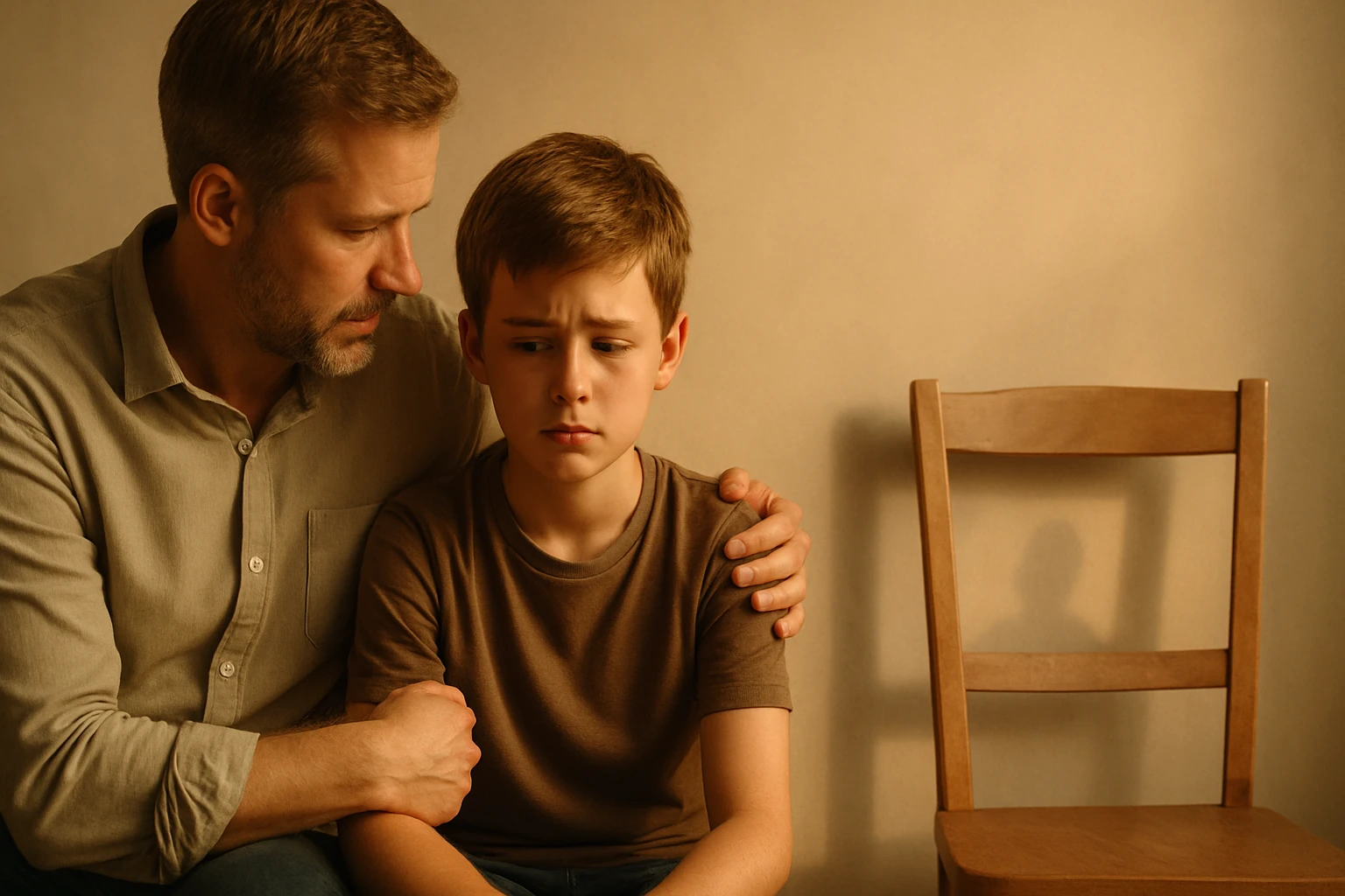 Egy apa és fia ülnek egy széken, az apa vigasztalja a szomorú fiút.
