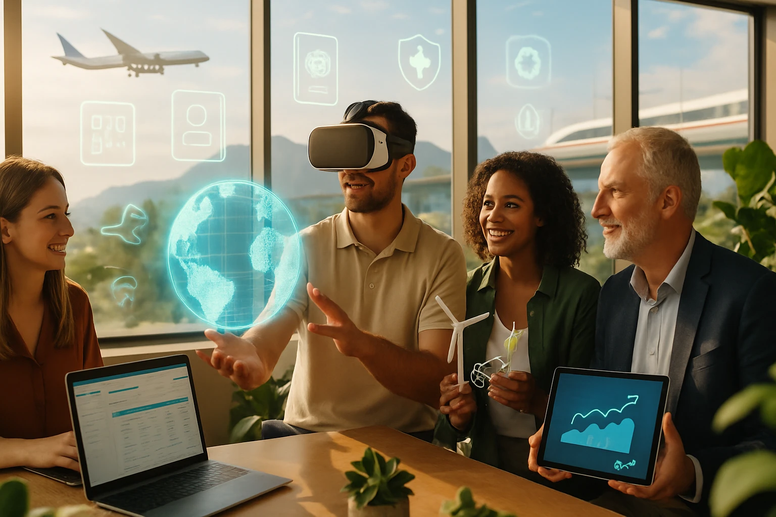 Egy férfi virtuális valóság szemüveget visel, miközben egy globális térképet mutat, barátai figyelik.