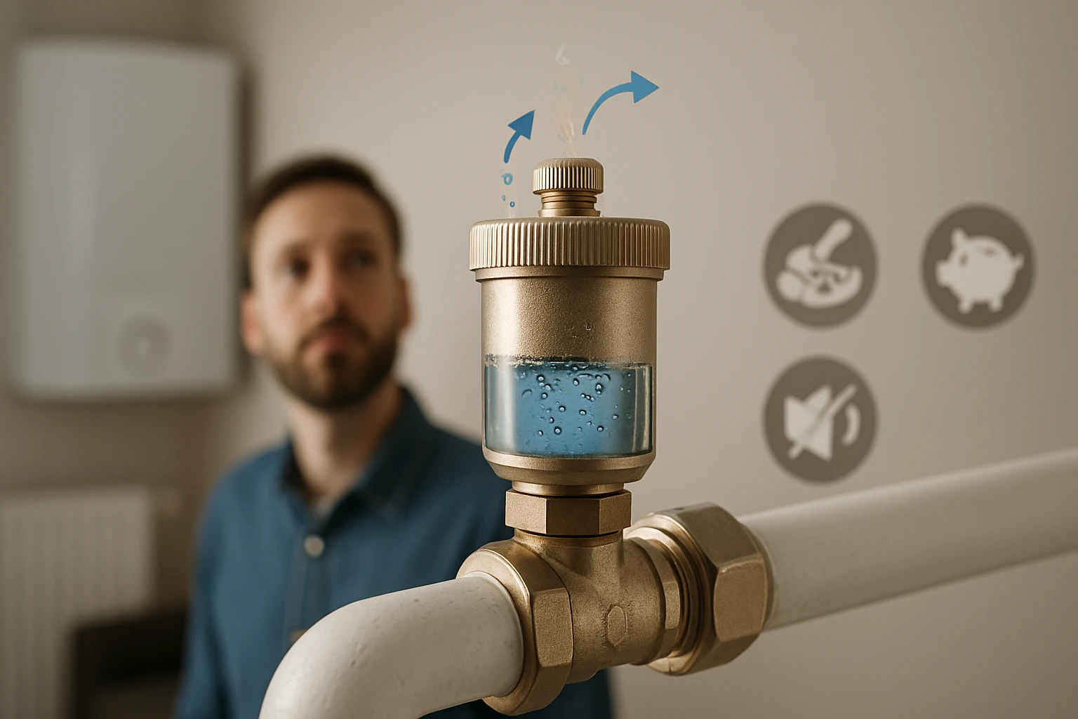 Egy vízcsap, amelyből kék folyadék áramlik, háttérben egy férfi látható.