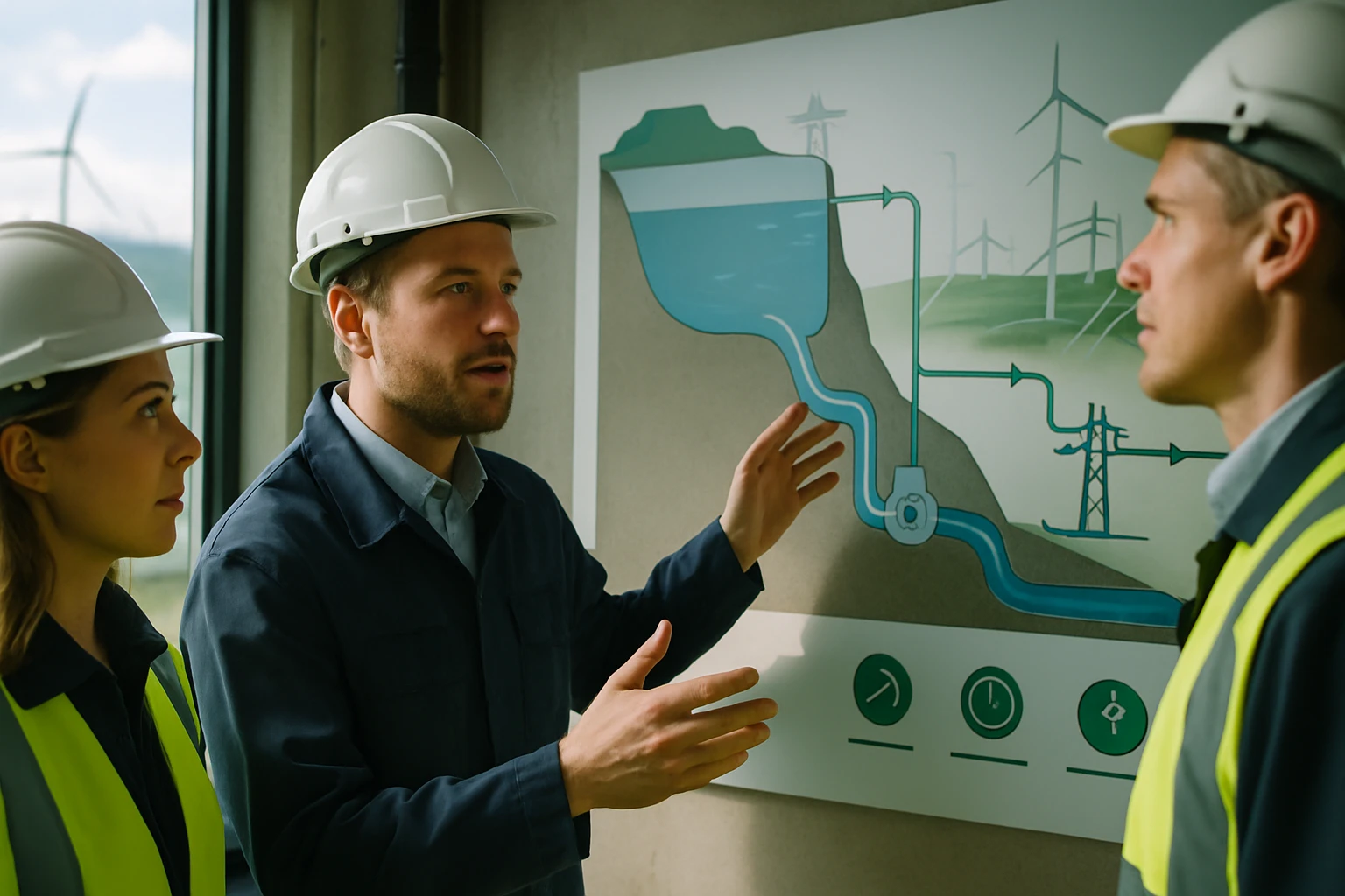 Két mérnök és egy női szakember egy vízenergia rendszert bemutató diagramot néznek.