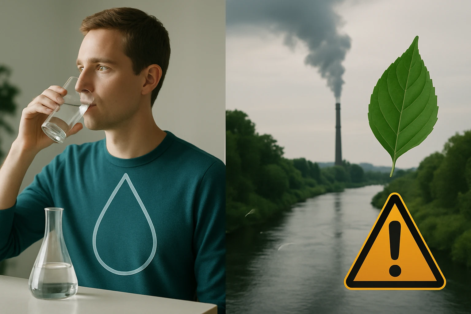 Egy férfi vízzel teli poharat iszik, miközben a háttérben szennyezett folyó látható.