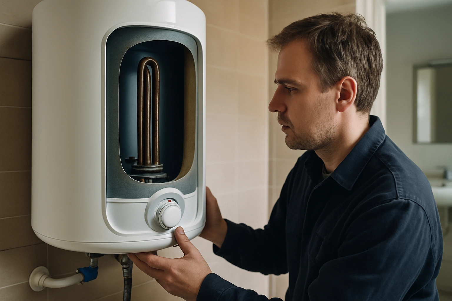 Egy férfi a vízmelegítő berendezés belsejét vizsgálja, figyelmesen ellenőrzi a fűtőelemet.