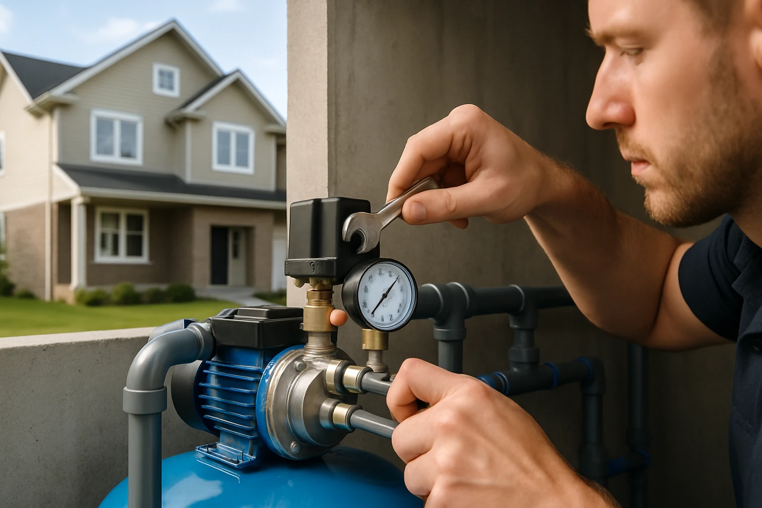 Egy férfi vízszivattyú nyomásmérőjét állítja be egy ház előtt.