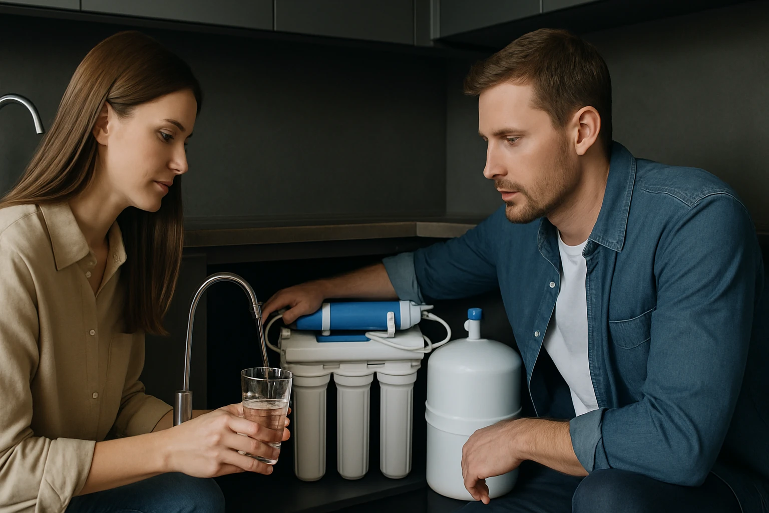 Egy nő vízzel teli poharat tart a kezében, miközben egy férfi a víztisztító berendezést mutatja.