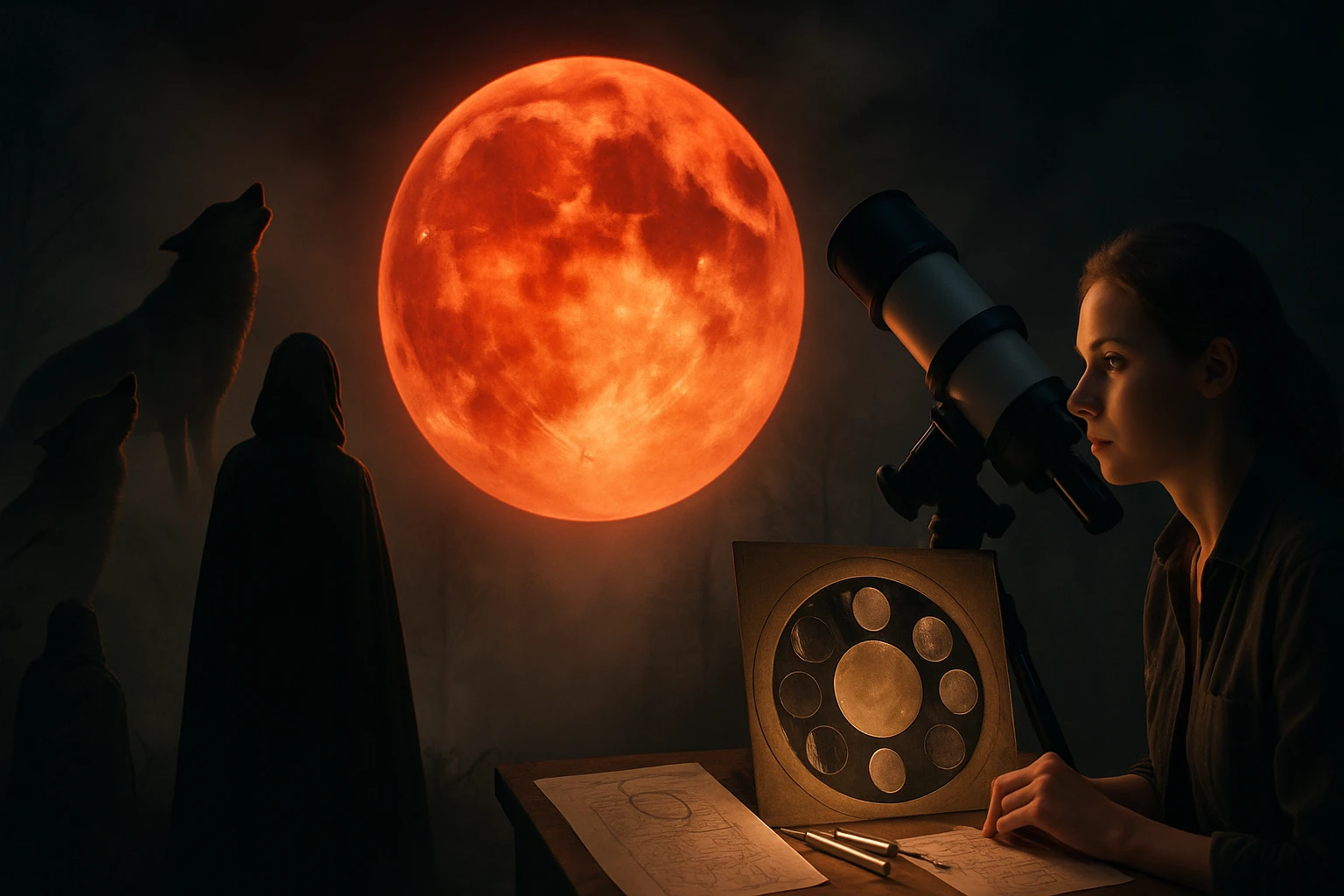 Egy nő távcsővel nézi a vörös holdat, miközben háttérben farkasok állnak.