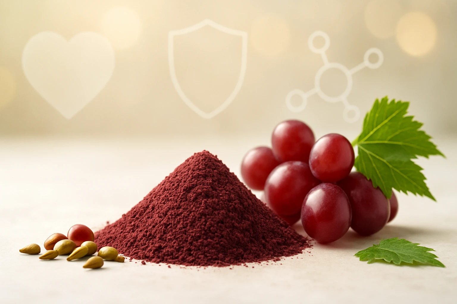 Egy halom vörös szőlőpor, mellette friss vörös szőlőszemek és levelek.