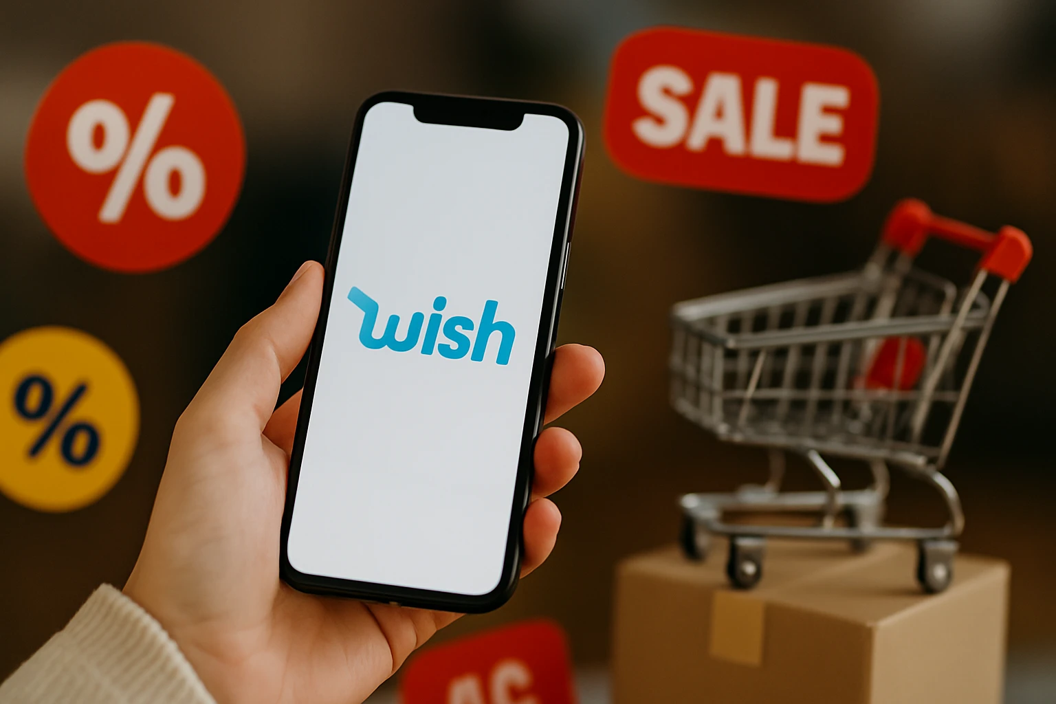 Egy kézben tartott okostelefonon a Wish alkalmazás logója látható, háttérben akciós feliratokkal.