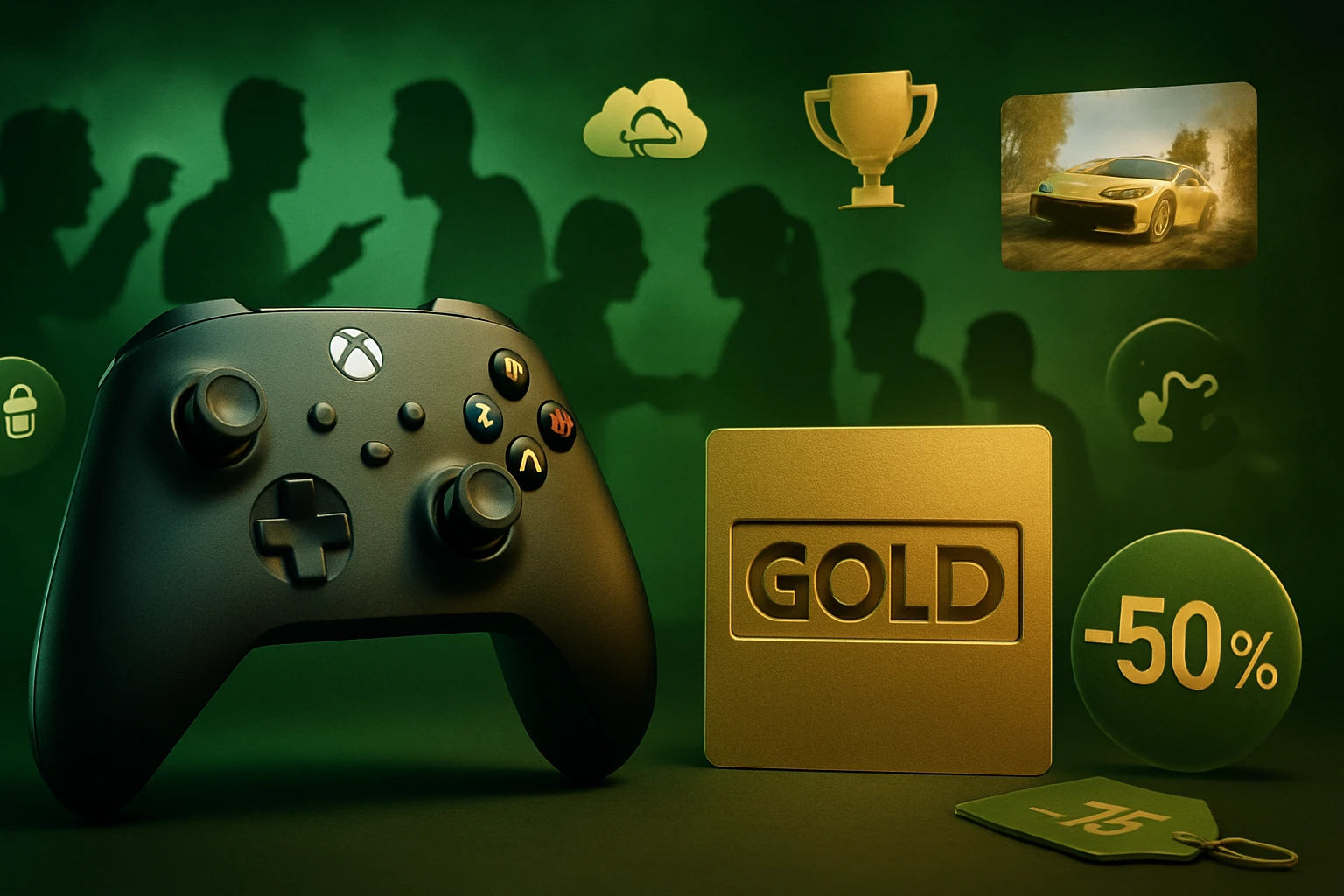Egy Xbox kontroller és egy arany színű Gold előfizetési kártya látható, háttérben játékos ikonokkal.