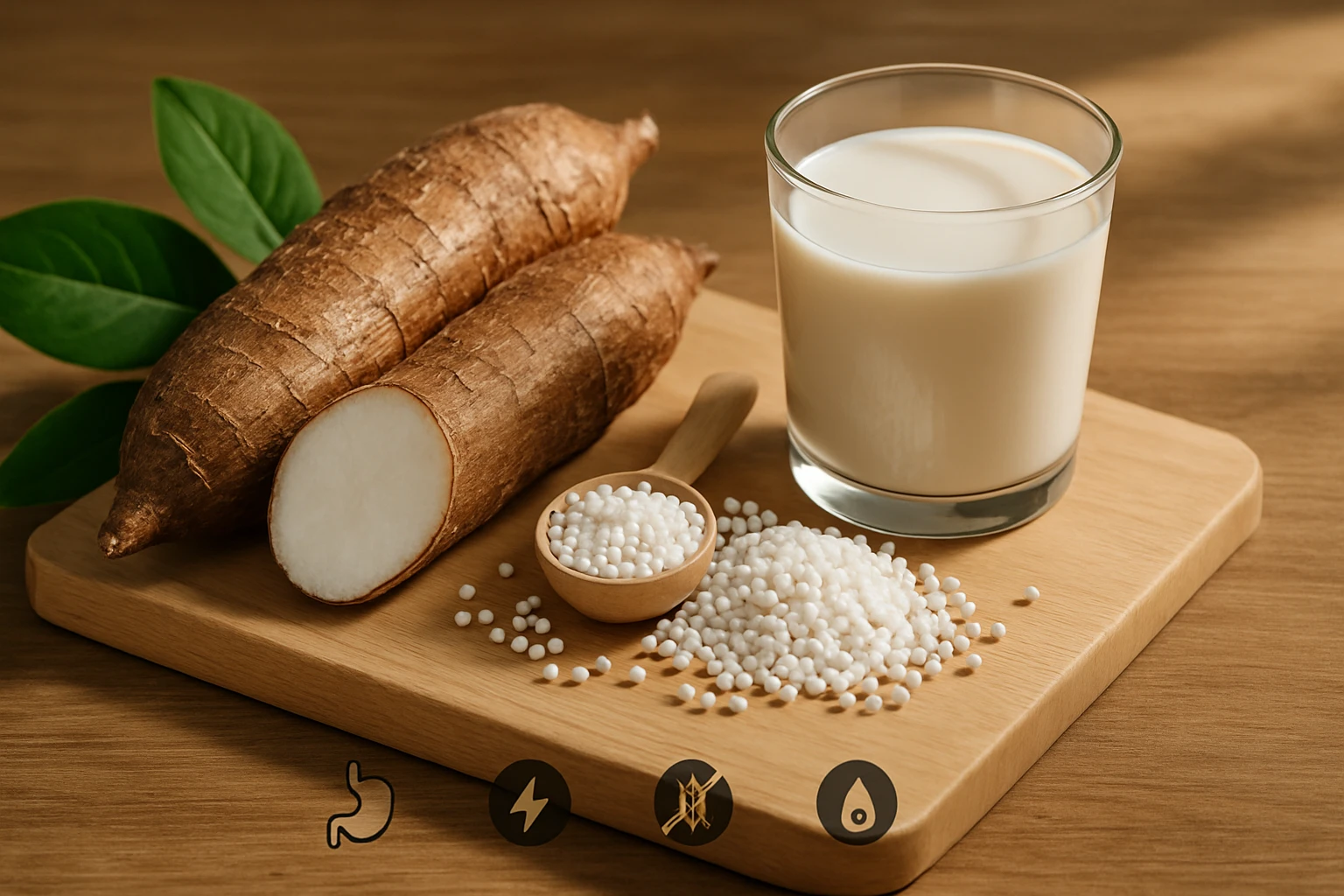 Két darab friss yuca gyökér, egy pohár tej és kis tálka tapioka golyó a fából készült deszkán.