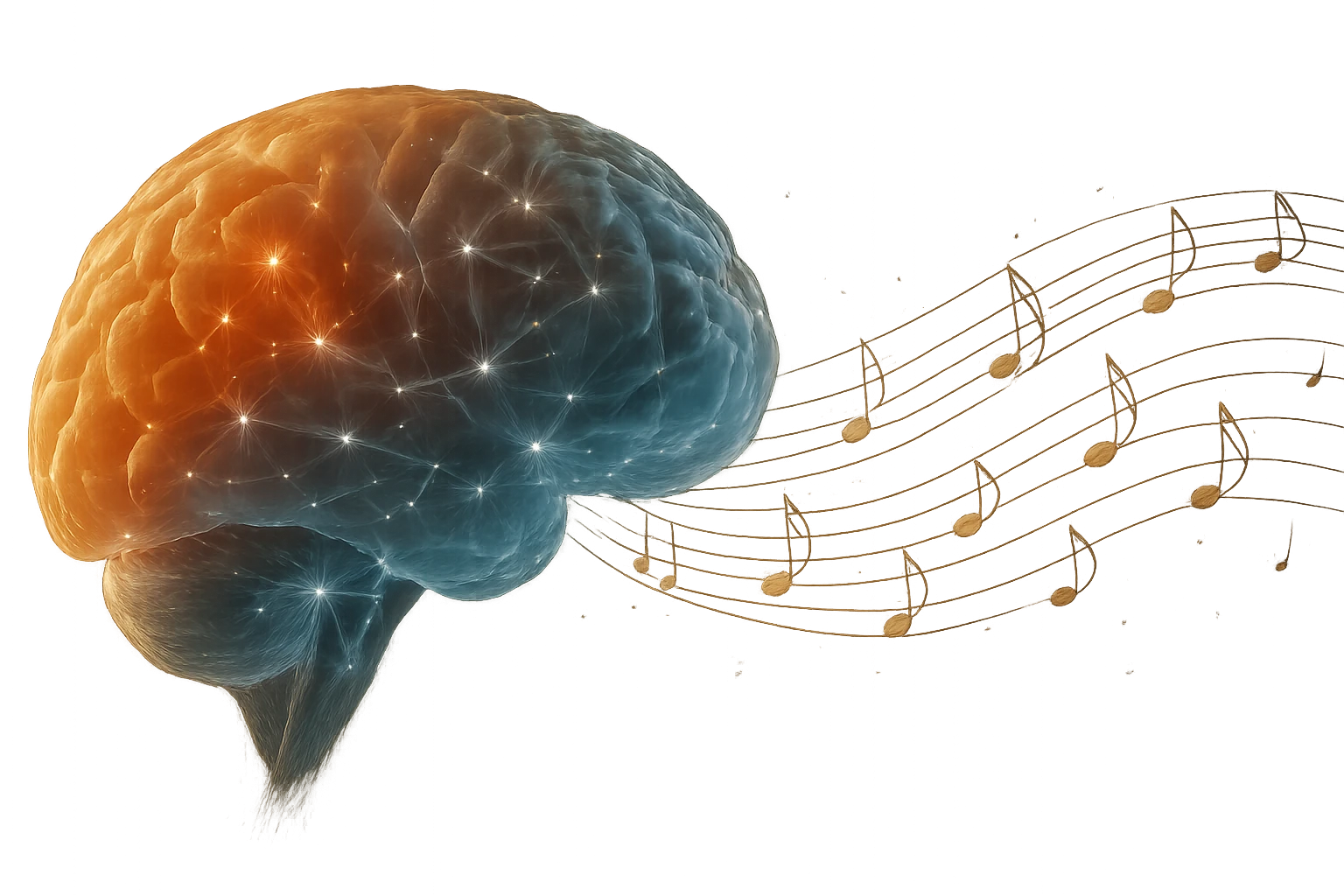 Egy stilizált agy, amelyből zenei hangjegyek áramlanak ki, színes háttérrel.