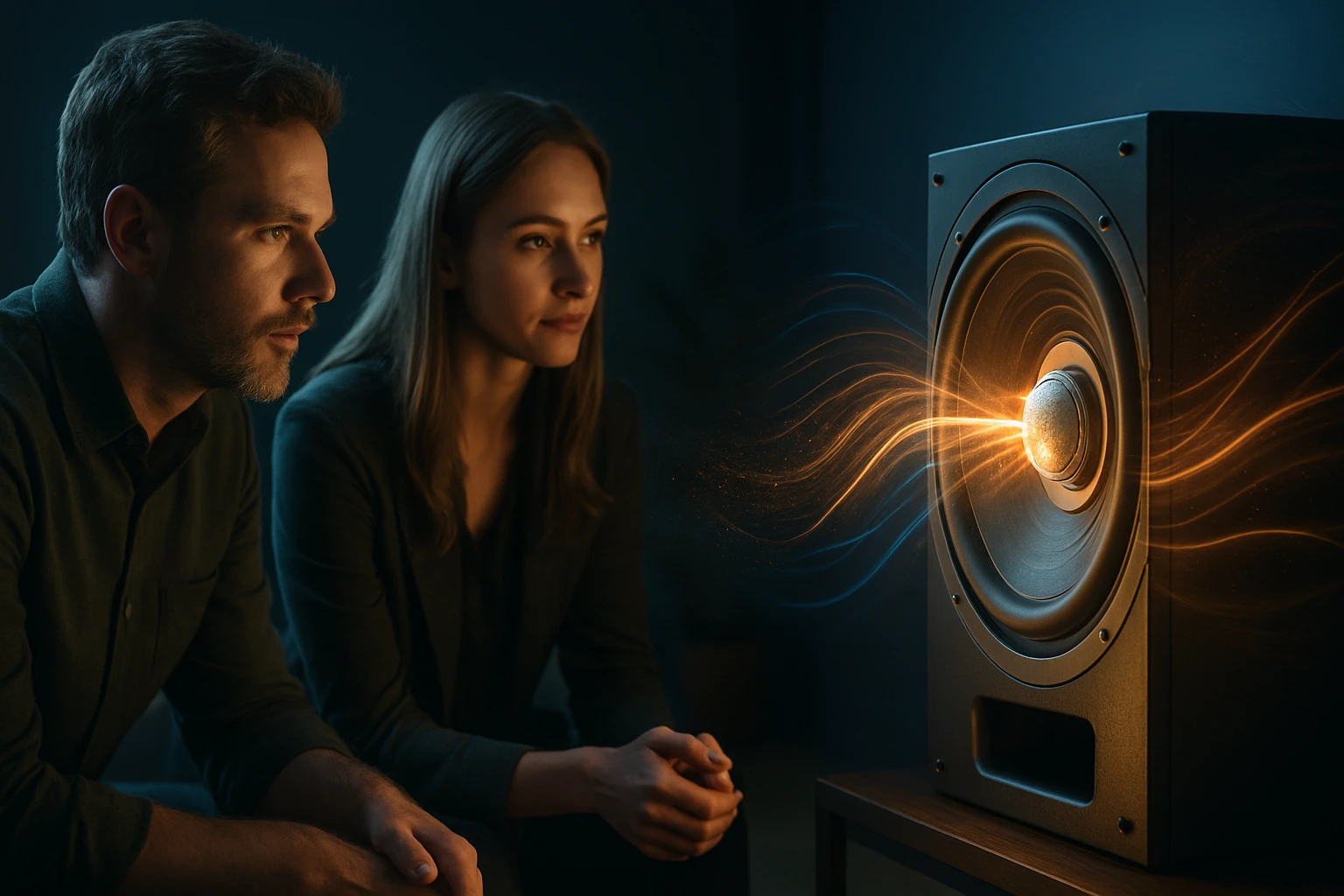 Két ember figyelmesen néz egy hangszóróra, amelyből zenei hullámok áramlanak.