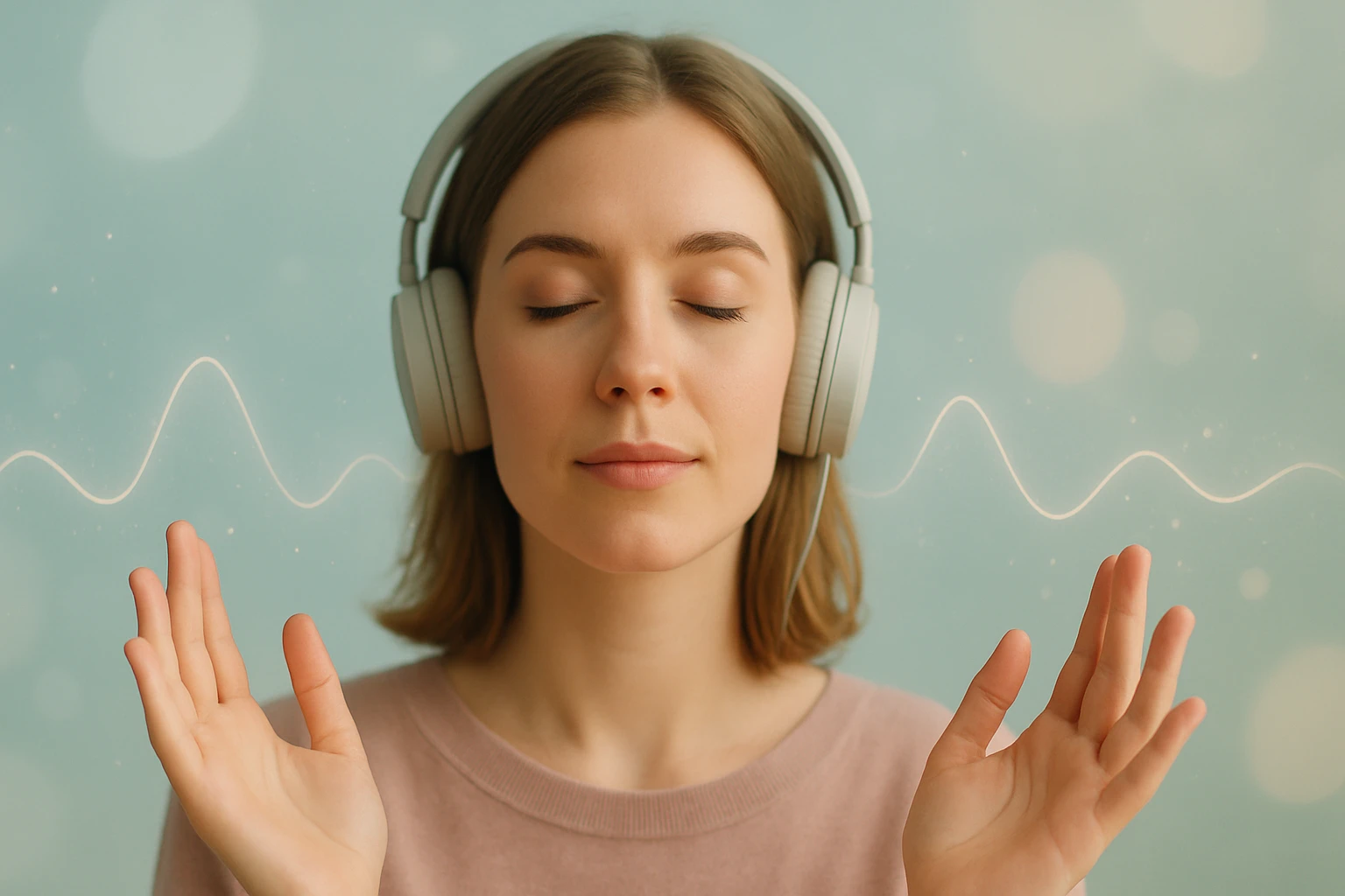 Egy fiatal nő fülhallgatót visel, szemét lehunyva, zenét hallgatva.