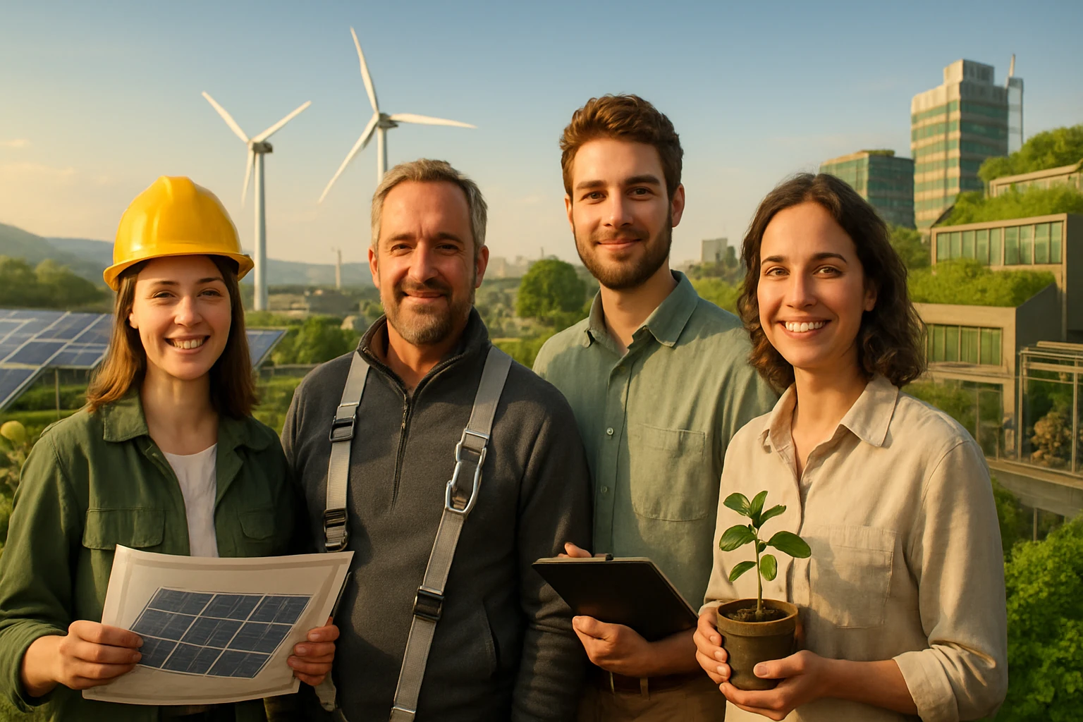 Négy fiatal szakember áll egy zöld energia projekt előtt, napenergiás panelek és szélturbinák között.