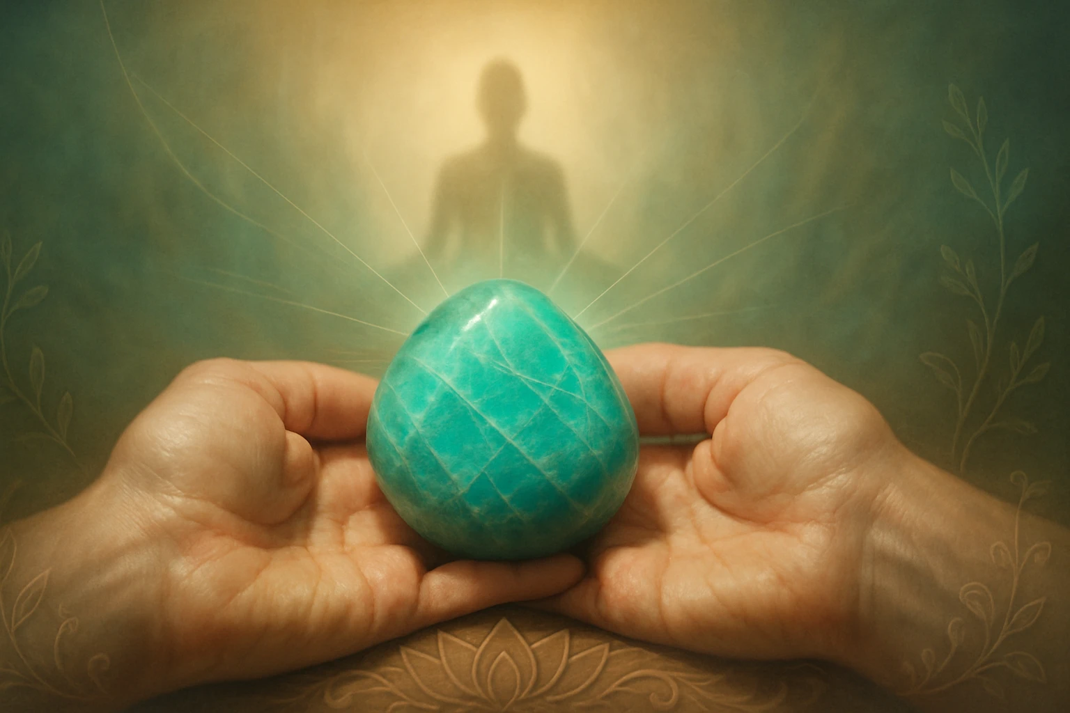 Két kézben tartott zöld kőtojás, háttérben egy sziluett és fények.