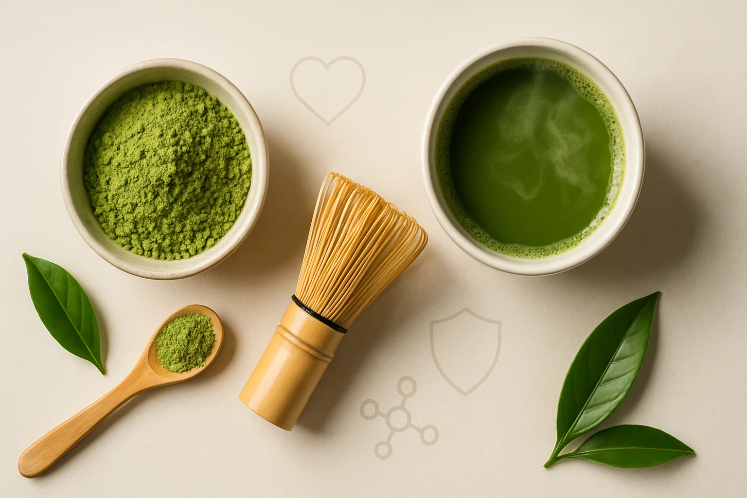 Zöld tea por, kész ital és bambusz habverő egy világos háttéren.