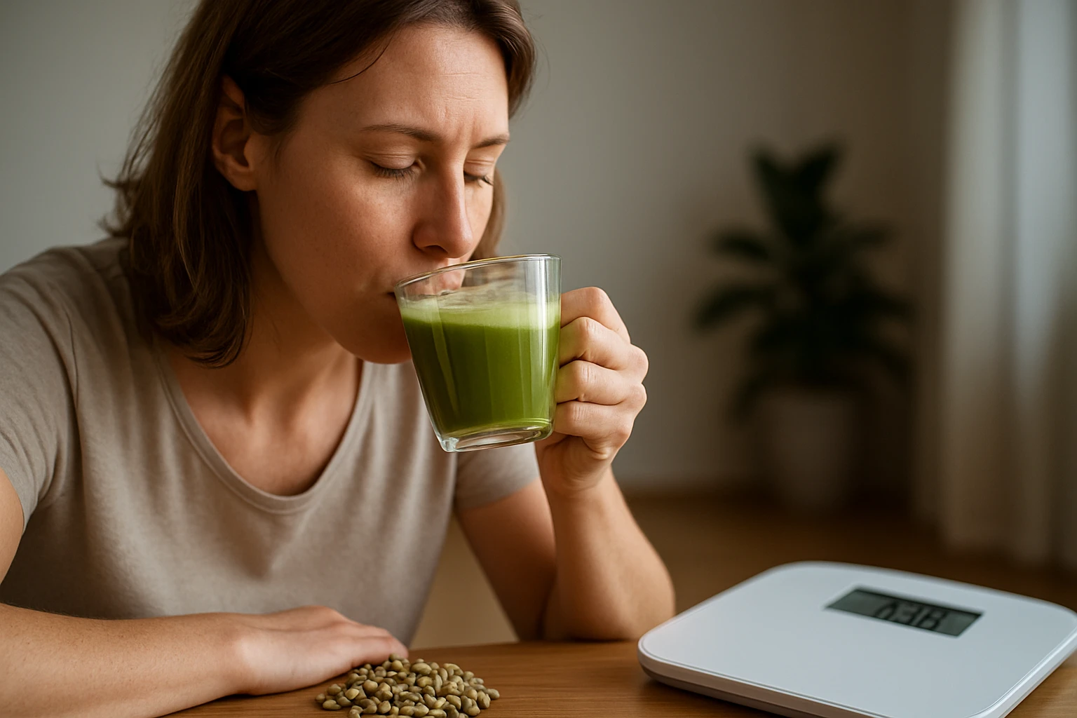 Egy nő zöld turmixot iszik, mellette zöld kávészemek és egy mérleg található.