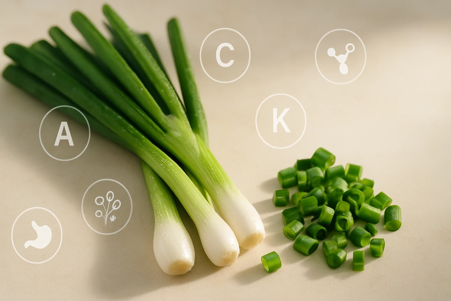 Friss zöldhagymák és apróra vágott zöldhagyma, vitaminokkal jelölve.