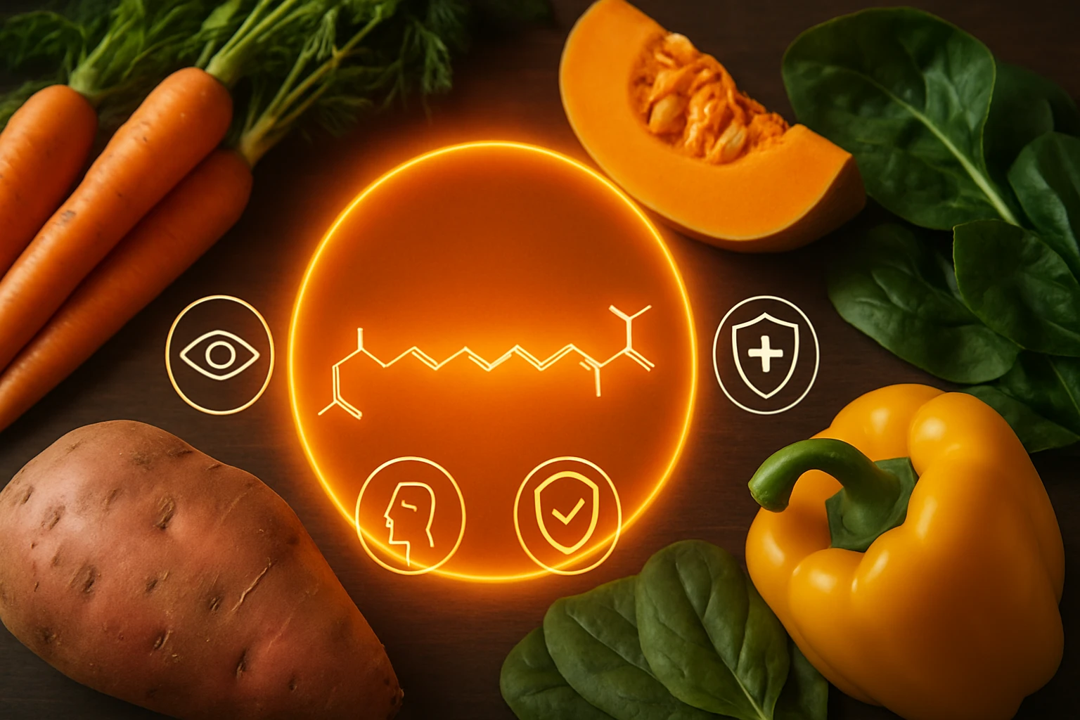 Friss zöldségek, mint sárgarépa, sütőtök, spenót és sárga paprika, egy kémiai struktúra és ikonok társaságában.