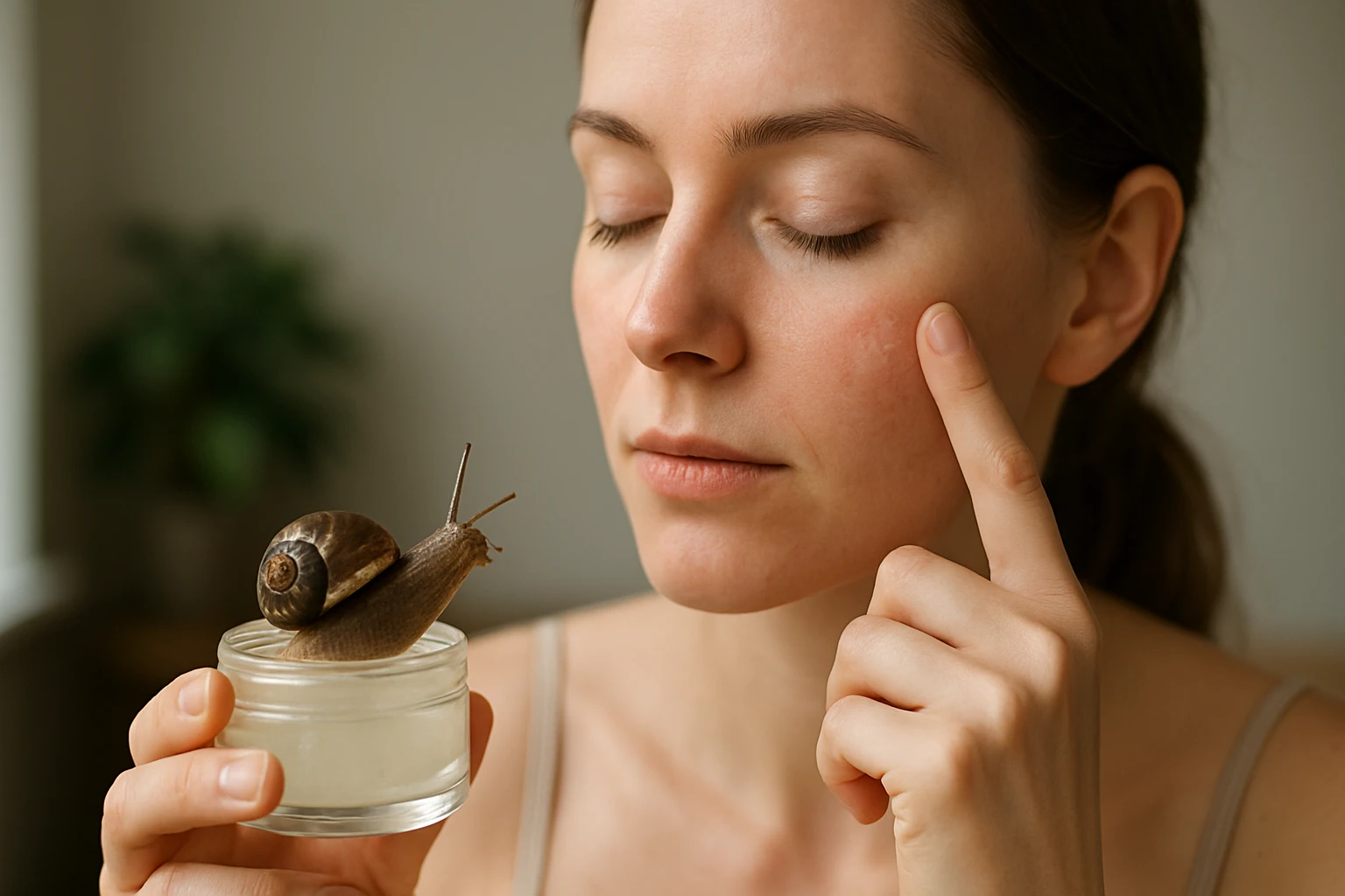 Nő csigagéllel a bőrápolásban, bőrváltozás javítása érdekében.