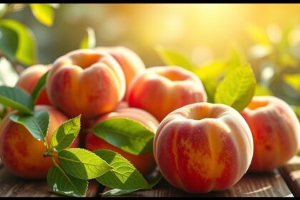 Friss barackok természetes környezetben, zöld levelekkel