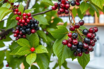 A barátcserje (Vitex) levelei és bogyói közelről mutatva.