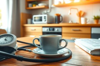 Kávé és vérnyomás, egészséggel kapcsolatos eszköz az asztalon.