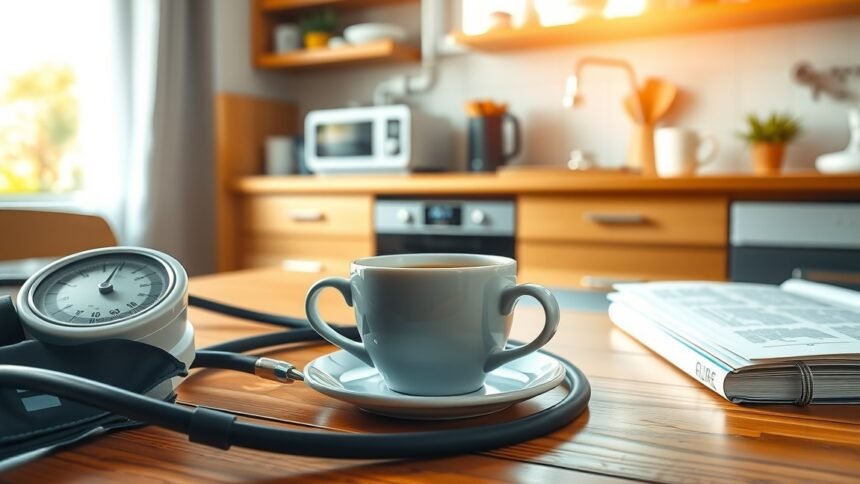 Kávé és vérnyomás, egészséggel kapcsolatos eszköz az asztalon.